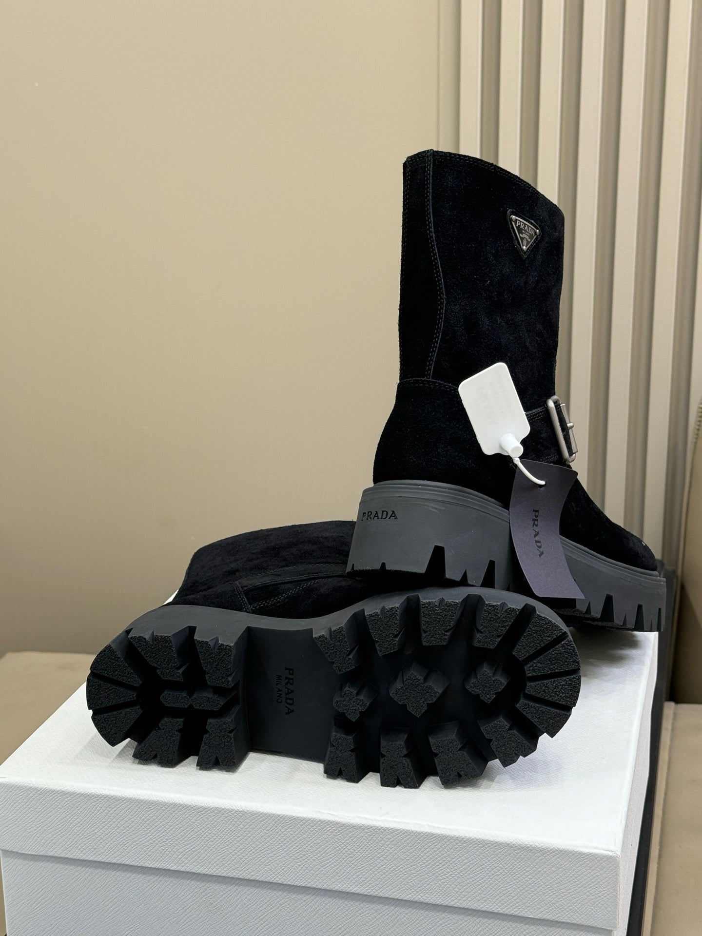 PRADA 25S PLATFORM ANKLE BOOTS IN BLACK SUEDE WITH SILVER HARDWARE - 35