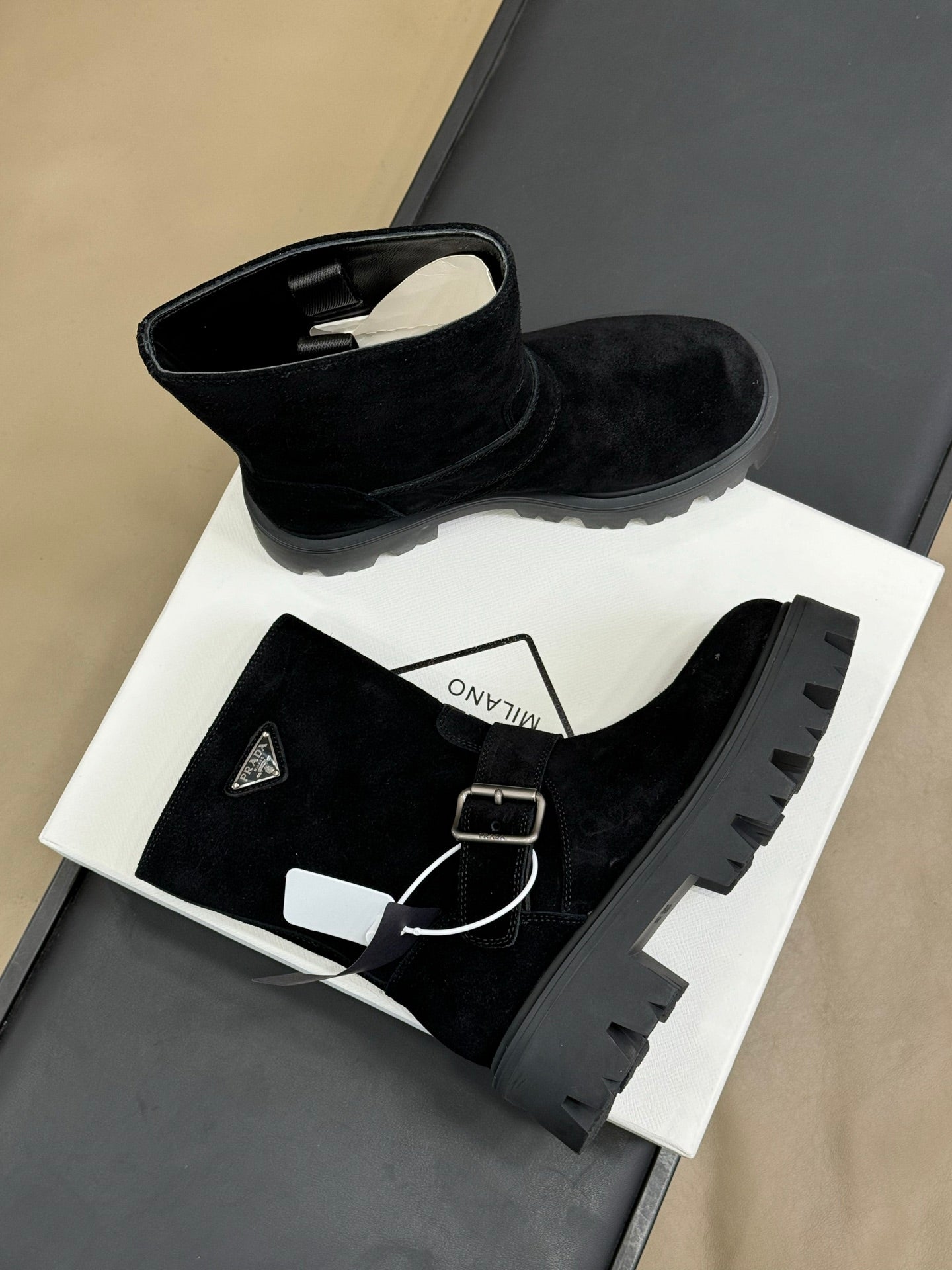 PRADA 25S PLATFORM ANKLE BOOTS IN BLACK SUEDE WITH SILVER HARDWARE - 35