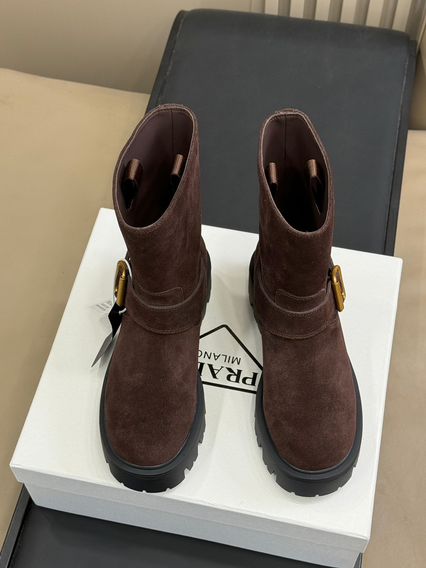 PRADA 25S PLATFORM ANKLE BOOTS IN DARK BROWN SUEDE WITH GOLD HARDWARE - 35