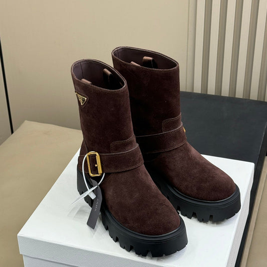 PRADA 25S PLATFORM ANKLE BOOTS IN DARK BROWN SUEDE WITH GOLD HARDWARE - 35