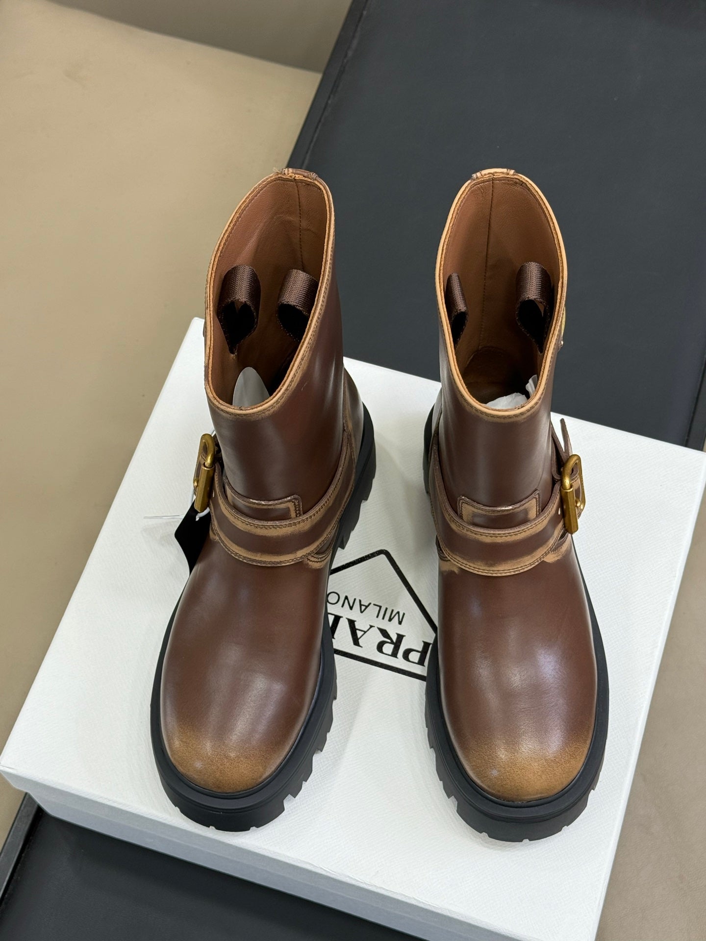 PRADA 25S PLATFORM ANKLE BOOTS IN DARK BROWN CALFSKIN WITH GOLD HARDWARE - 35