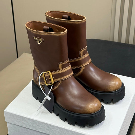 PRADA 25S PLATFORM ANKLE BOOTS IN DARK BROWN CALFSKIN WITH GOLD HARDWARE - 35