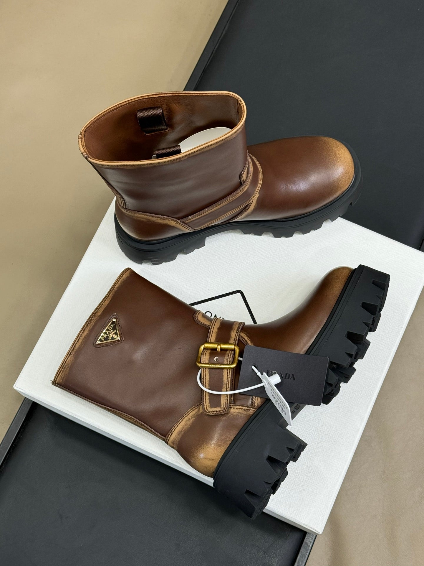 PRADA 25S PLATFORM ANKLE BOOTS IN DARK BROWN CALFSKIN WITH GOLD HARDWARE - 35