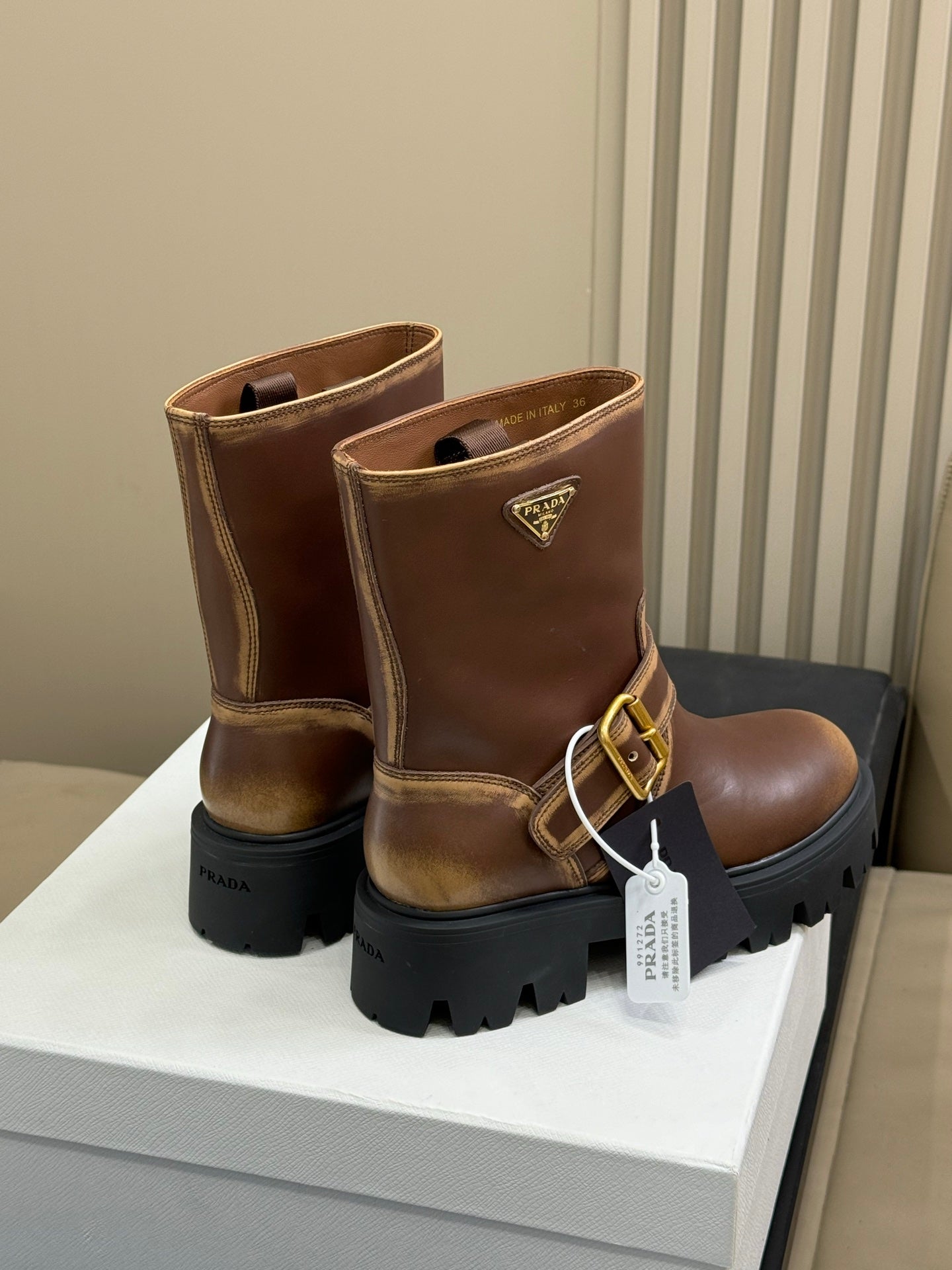 PRADA 25S PLATFORM ANKLE BOOTS IN DARK BROWN CALFSKIN WITH GOLD HARDWARE - 35