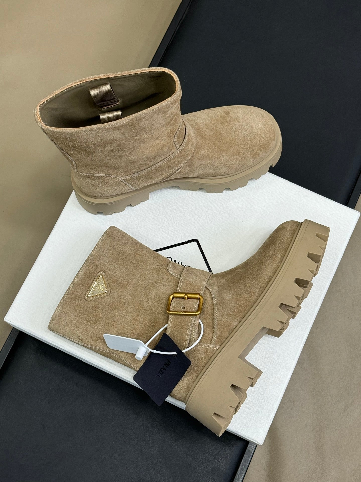 PRADA 25S PLATFORM ANKLE BOOTS IN DARK BEIGE SUEDE WITH GOLD HARDWARE - 35
