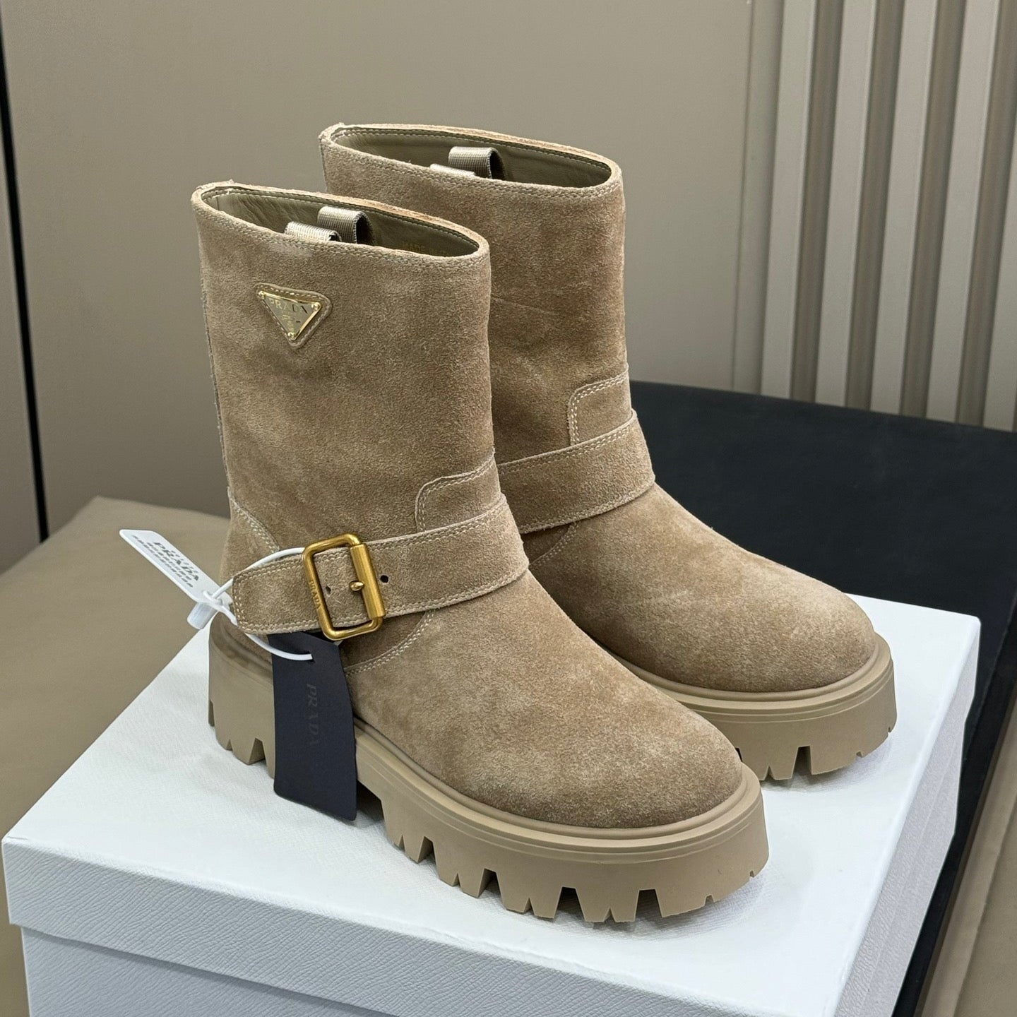 PRADA 25S PLATFORM ANKLE BOOTS IN DARK BEIGE SUEDE WITH GOLD HARDWARE - 35