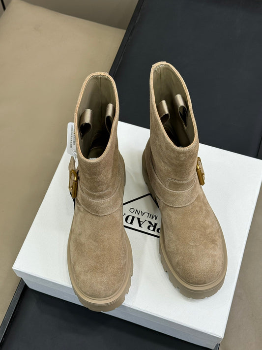 PRADA 25S PLATFORM ANKLE BOOTS IN DARK BEIGE SUEDE WITH GOLD HARDWARE - 35