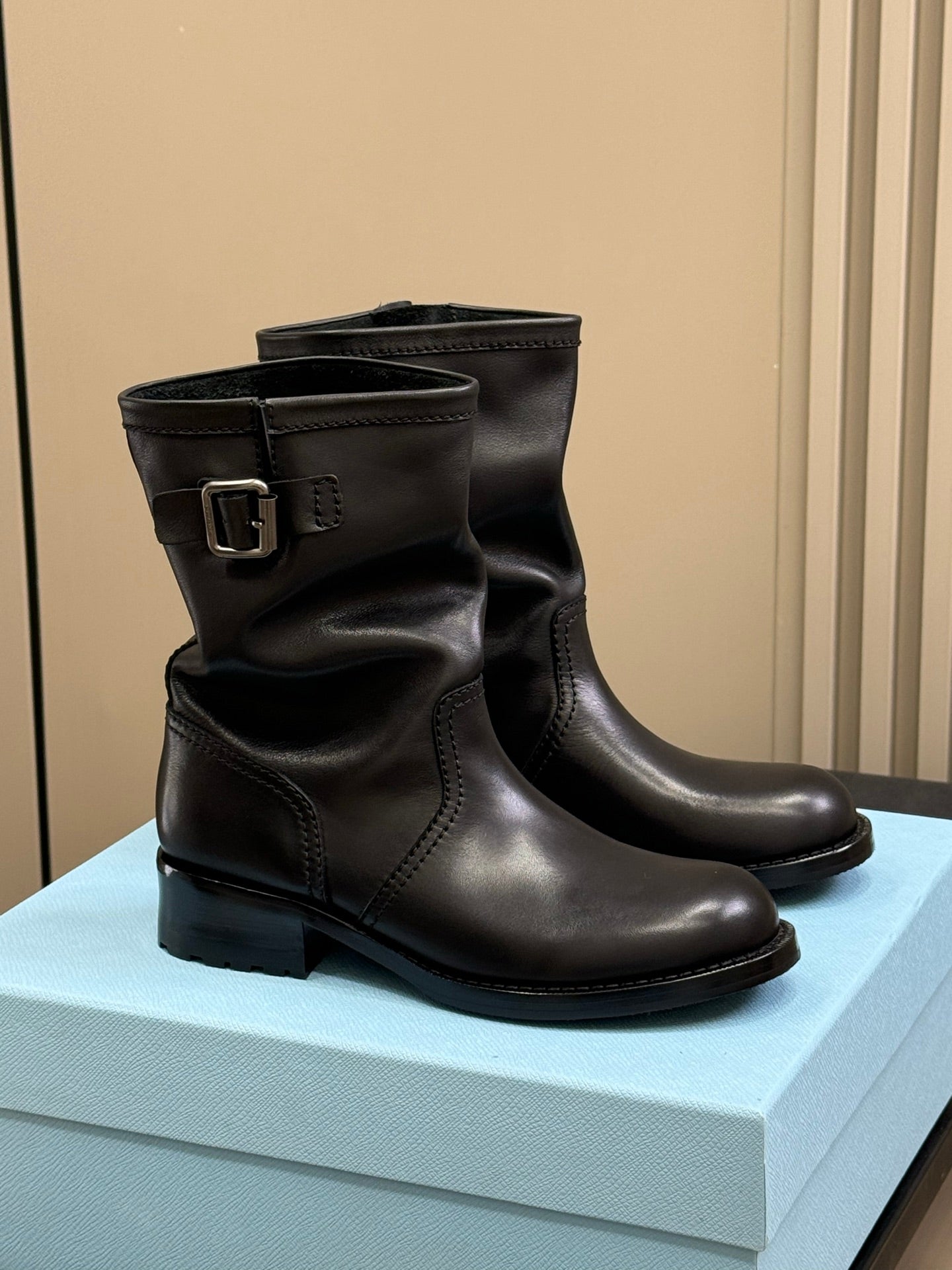 PRADA 25S ANKLE BOOTS IN DARK BLACK BROWN CALFSKIN - 35