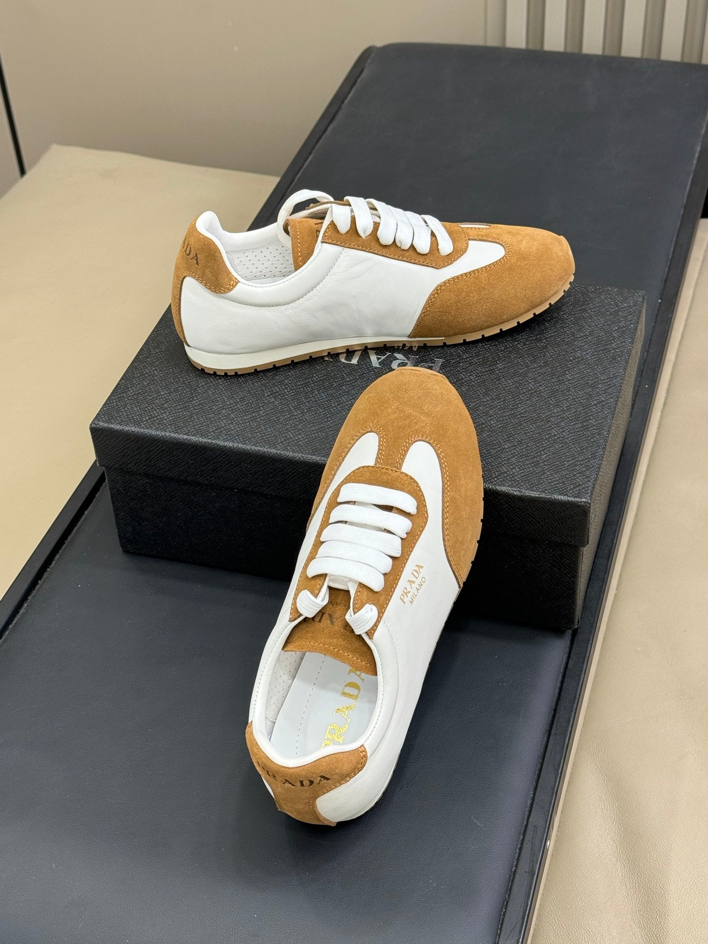 PRADA 25S SNEAKER IN WHITE MIX CAMEL BROWN SUEDE STYLE 4 - 35