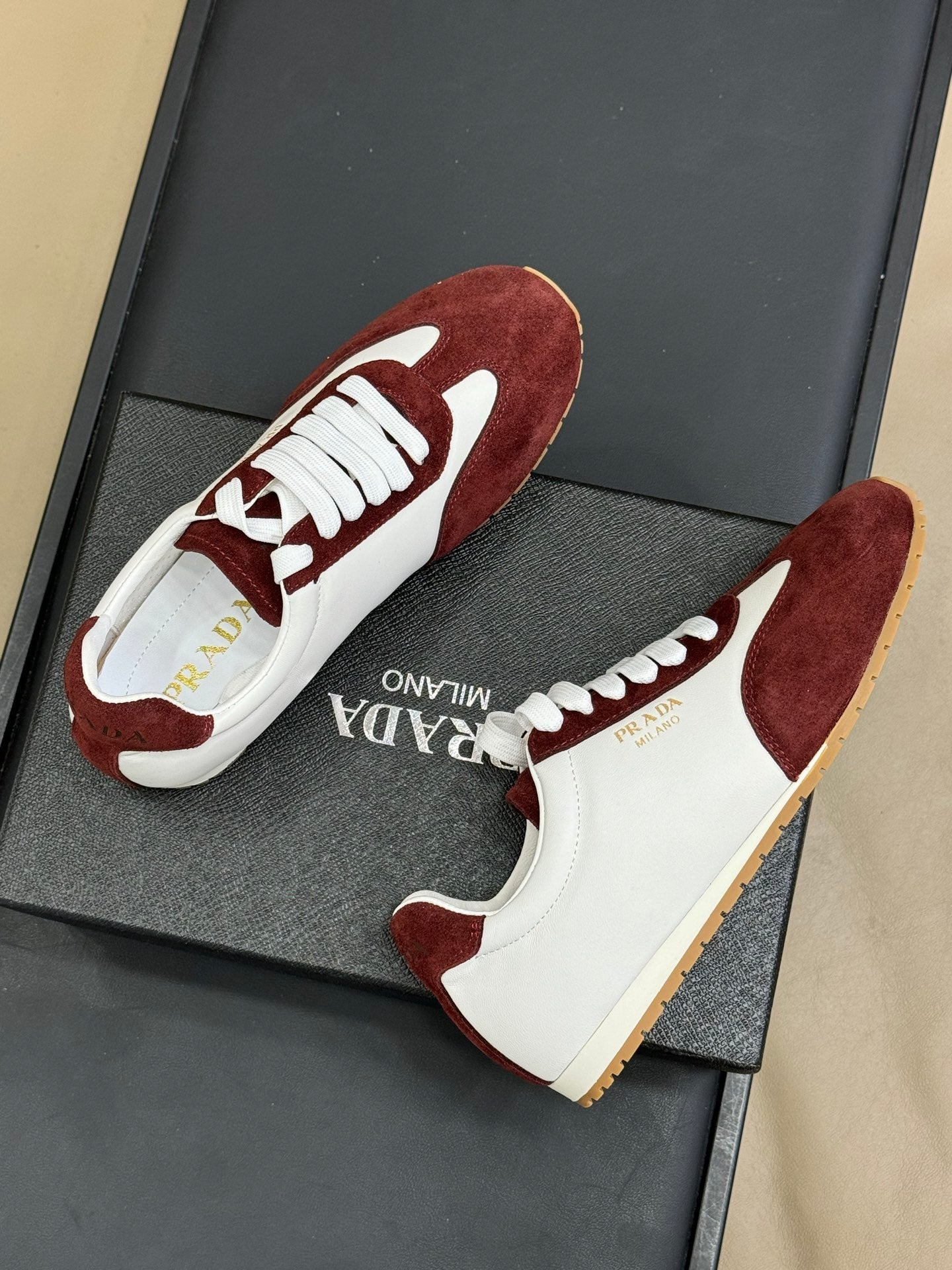 PRADA 25S SNEAKER IN WHITE MIX DARK RED SUEDE STYLE 3 - 35