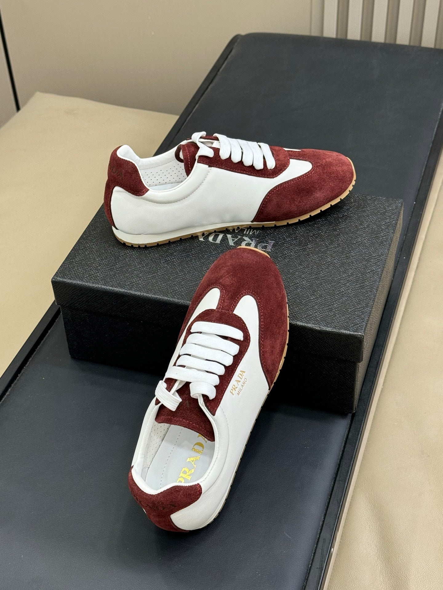 PRADA 25S SNEAKER IN WHITE MIX DARK RED SUEDE STYLE 3 - 35