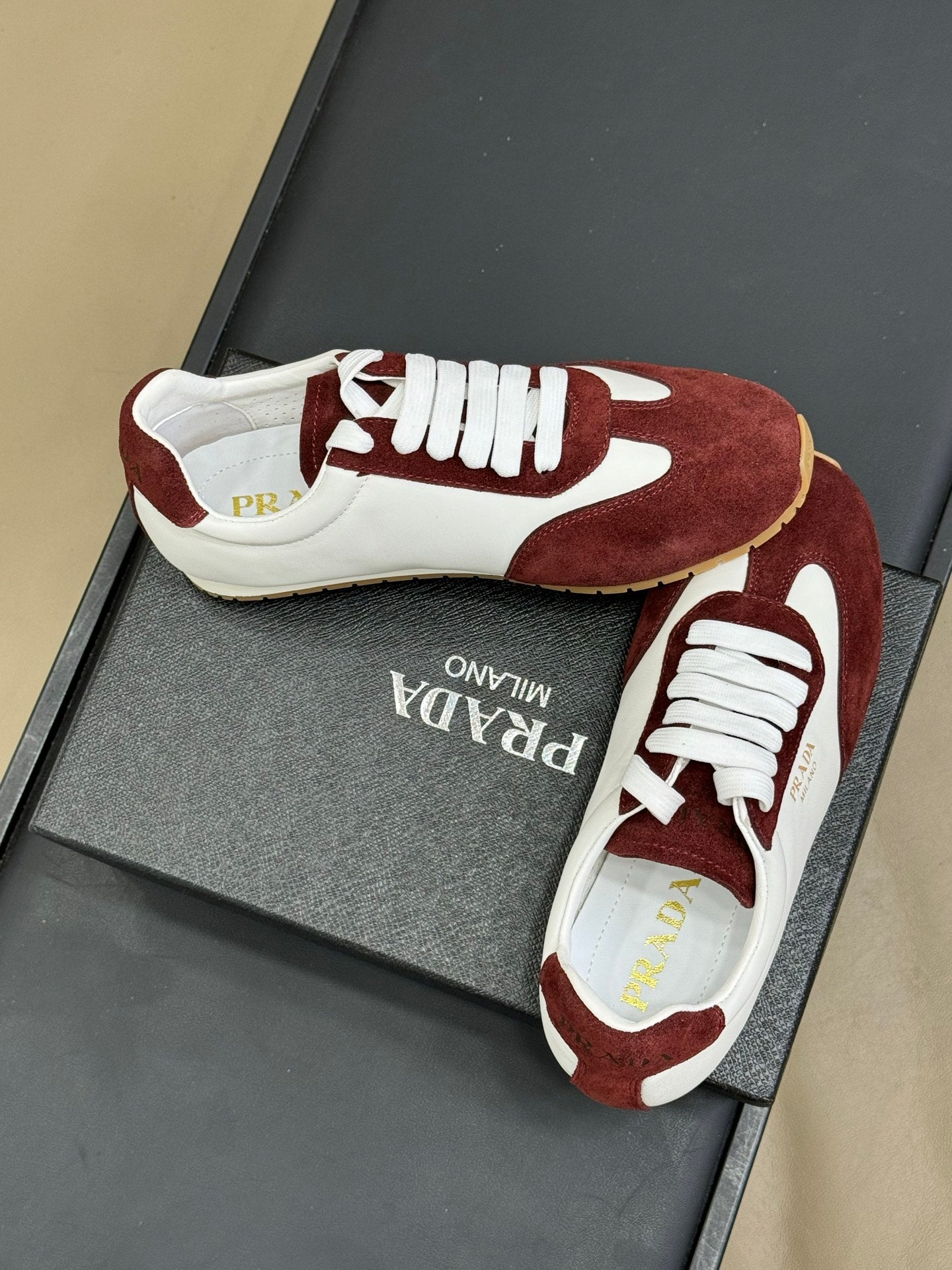 PRADA 25S SNEAKER IN WHITE MIX DARK RED SUEDE STYLE 3 - 35
