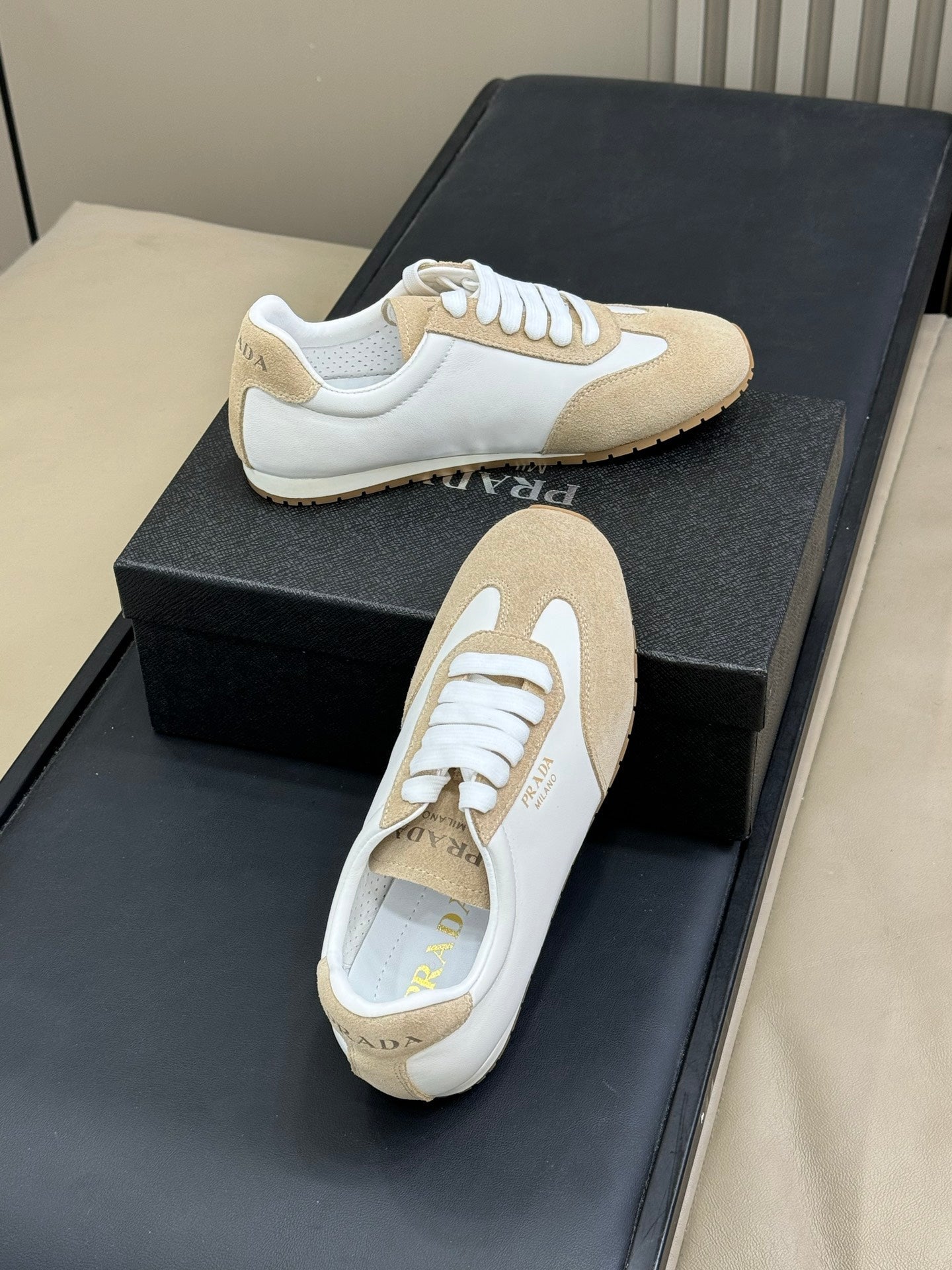 PRADA 25S SNEAKER IN WHITE MIX DARK BEIGE SUEDE STYLE 2 - 35
