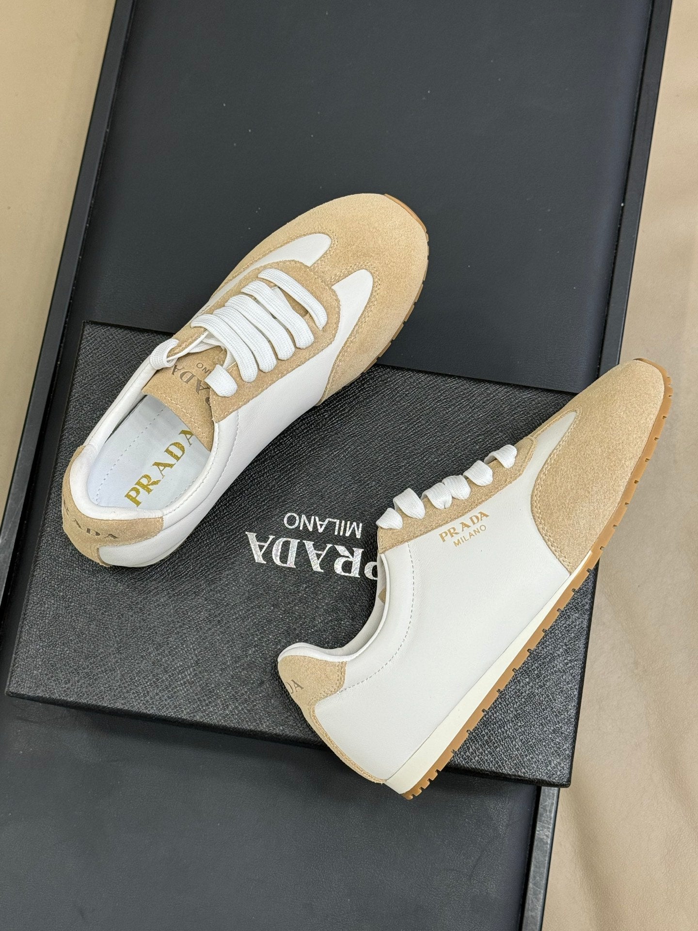 PRADA 25S SNEAKER IN WHITE MIX DARK BEIGE SUEDE STYLE 2 - 35