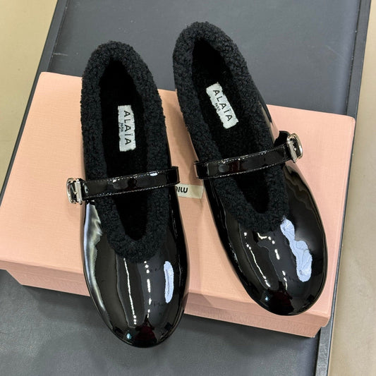 ALAIA 25S MARY JANE SHEARLING FLATS IN BLACK GLOSSY CALFSKIN - 35