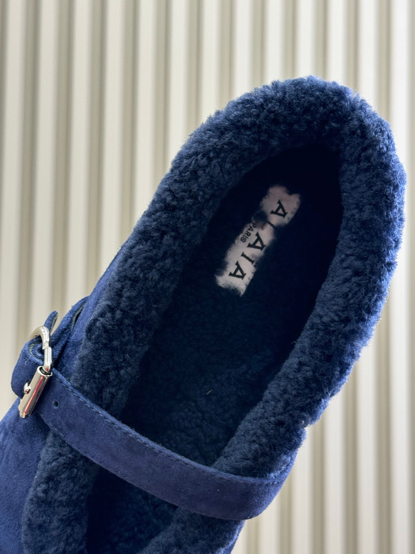 ALAIA 25S MARY JANE SHEARLING FLATS IN DARK BLUE SUEDE - 35