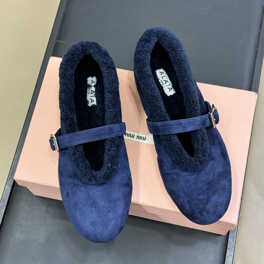 ALAIA 25S MARY JANE SHEARLING FLATS IN DARK BLUE SUEDE - 35