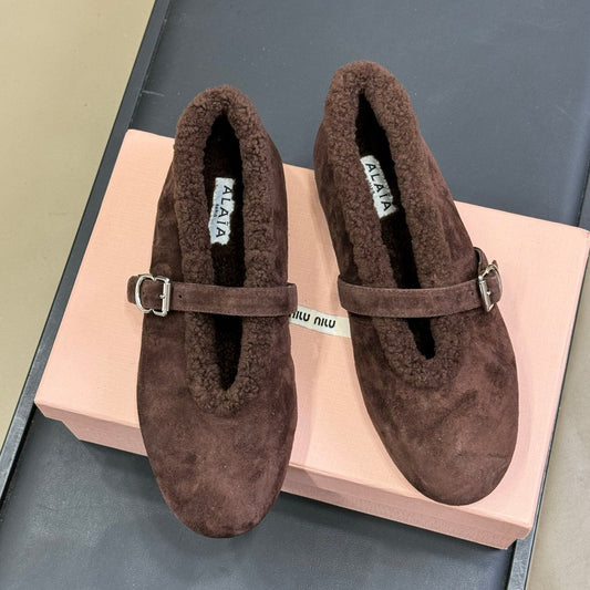 ALAIA 25S MARY JANE SHEARLING FLATS IN DARK BROWN SUEDE - 35
