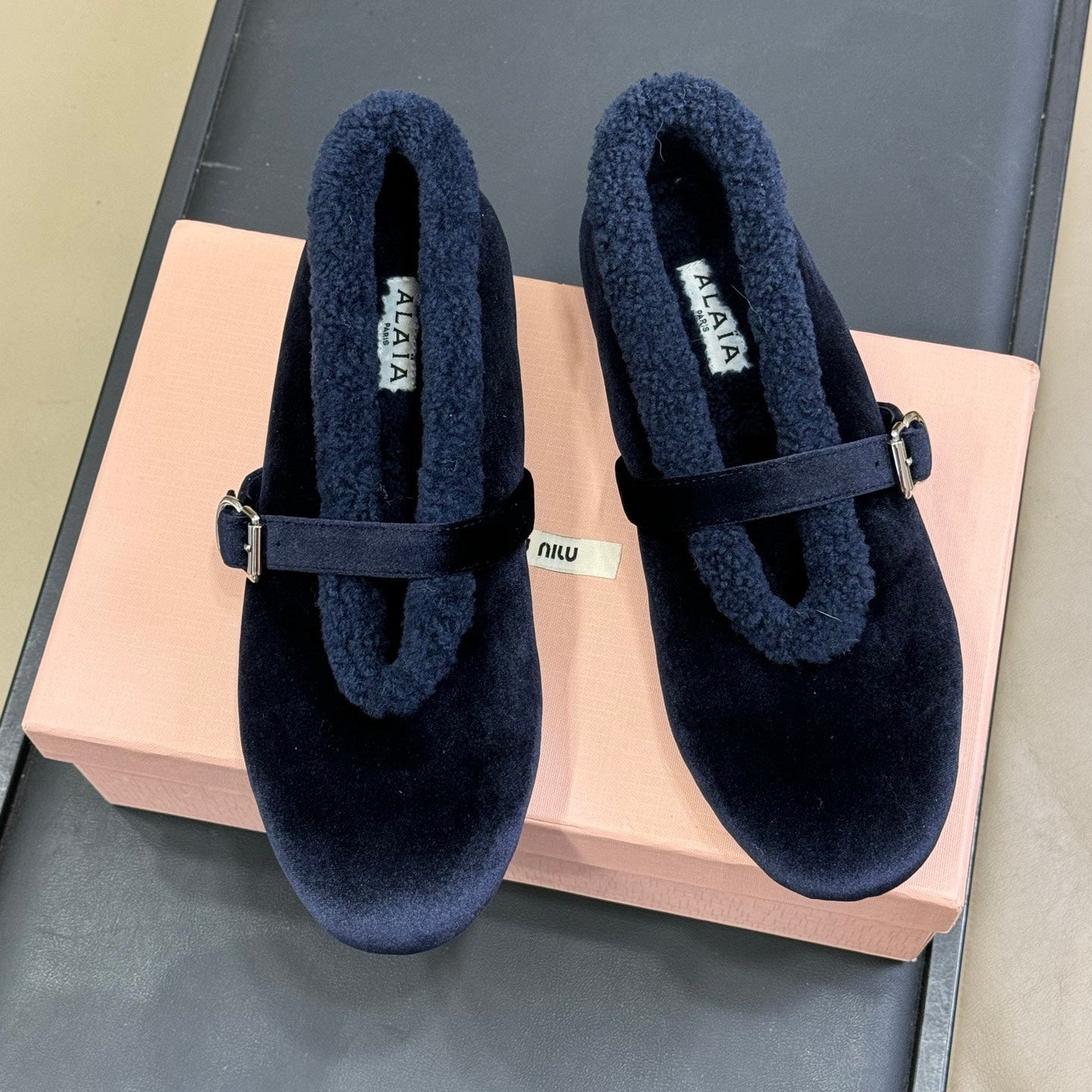 ALAIA 25S BALLET FLATS IN DARK BLUE VELVET - 35