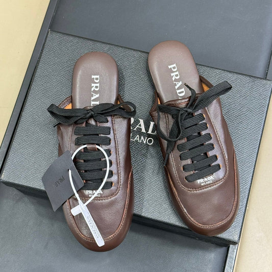 PRADA 25S COLLAPSE MULES IN DARK BROWN CALFSKIN - 35