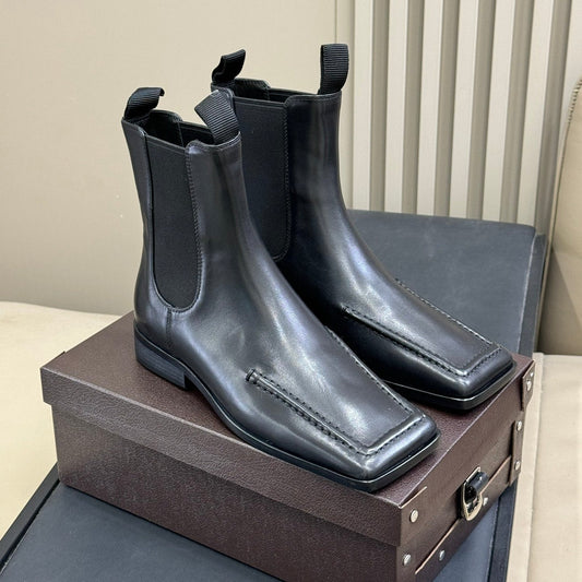 ALAIA 25S SQUARE TOE CHELSEA ANKLE BOOTS SHOES IN BLACK CALFSKIN - 35