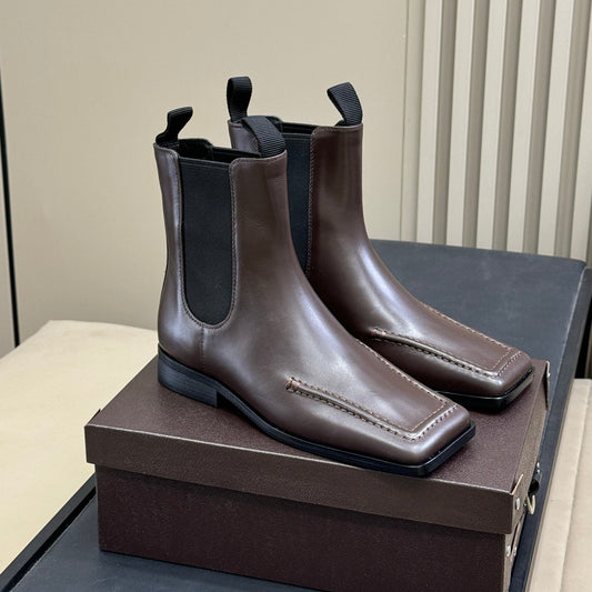 ALAIA 25S SQUARE TOE CHELSEA ANKLE BOOTS SHOES IN BROWN CALFSKIN - 35