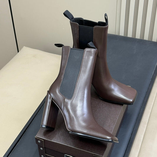 ALAIA 25S ANKLE HIGH-HEELED BOOTS IN BROWN CALFSKIN AND CANVAS - 35