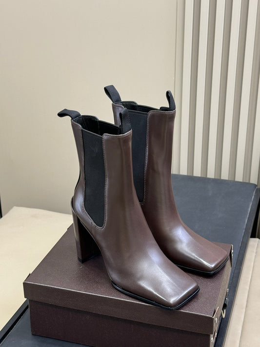 ALAIA 25S ANKLE HIGH-HEELED BOOTS IN BROWN CALFSKIN AND CANVAS - 35