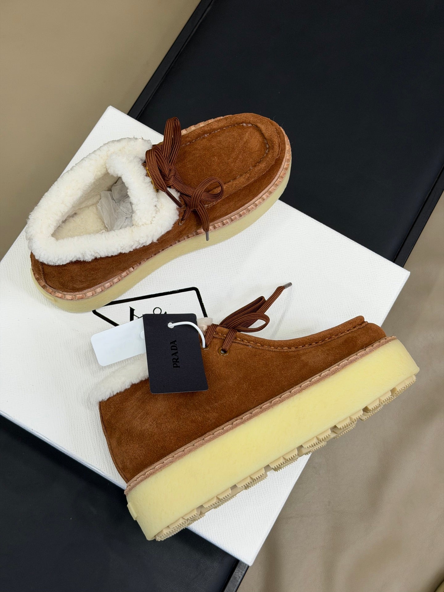 PRADA 25S HIGH-TOP SHOES 40 MM IN DARK BROWN SUEDE SHEARLING-LINED - 35