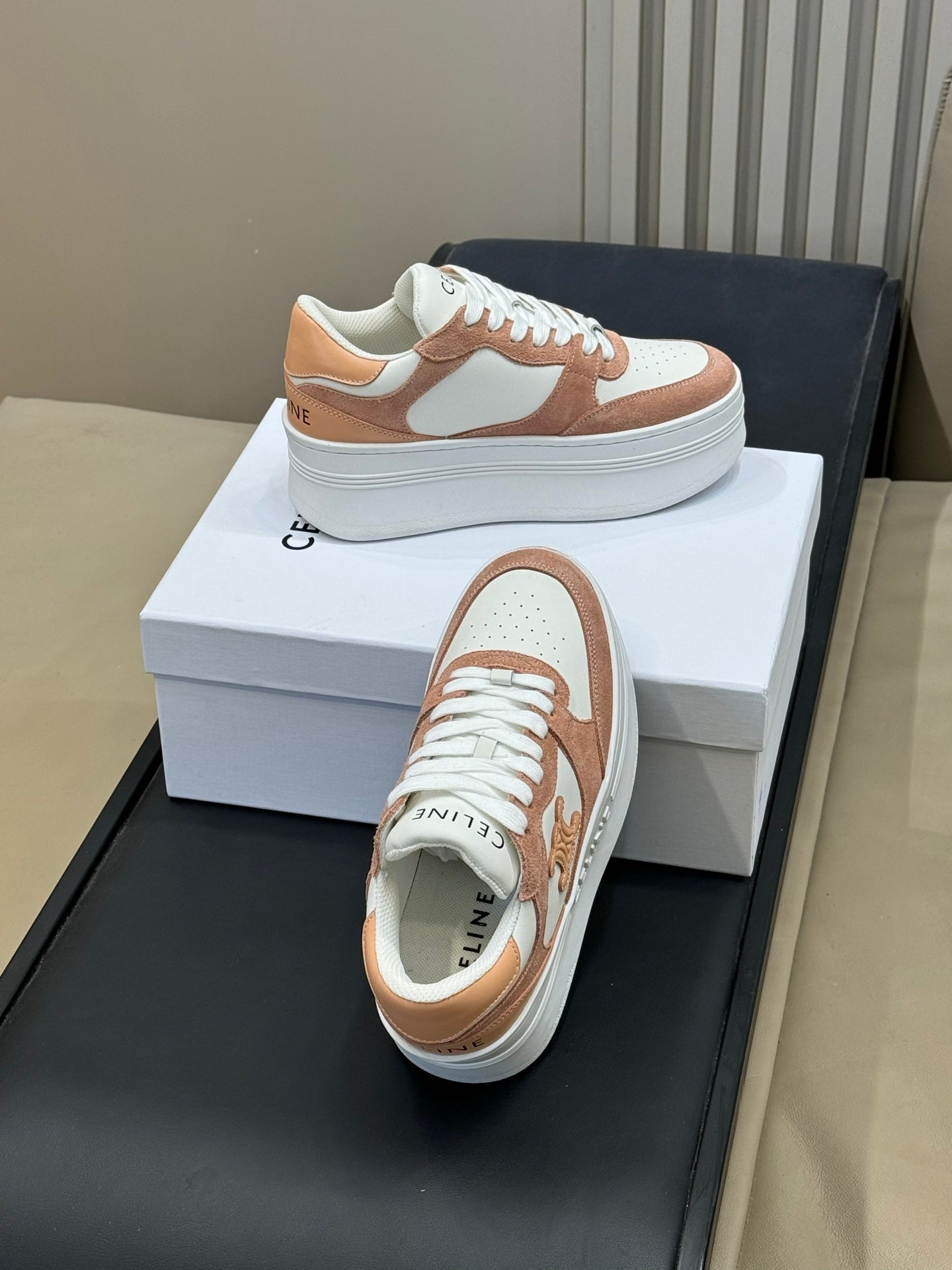 CELINE 26S WEDGE SNEAKERS IN WHITE CALFSKIN AND CARAMEL SUEDE