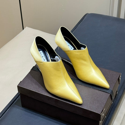 ALAIA 26S ПРОЗОРІ ТУФЛІ НА ВИСОКИХ ПІДБОРАХ З ЖОВТОГО АТЛАСУ