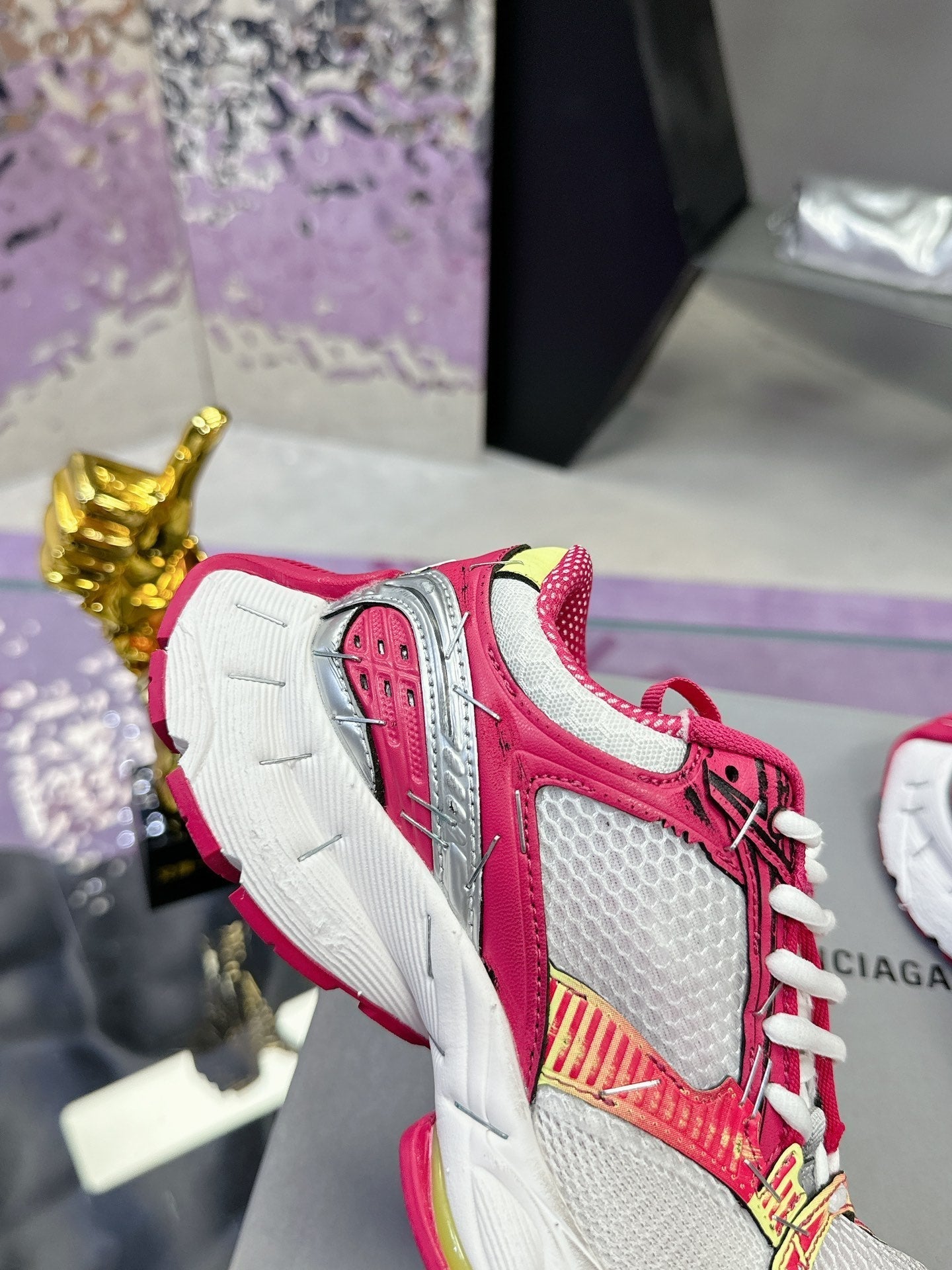 STAPLER SNEAKER IN WHITE, PINK, NEON YELLOW AND SILVER POLYURETHANE AND POLYESTER - 35