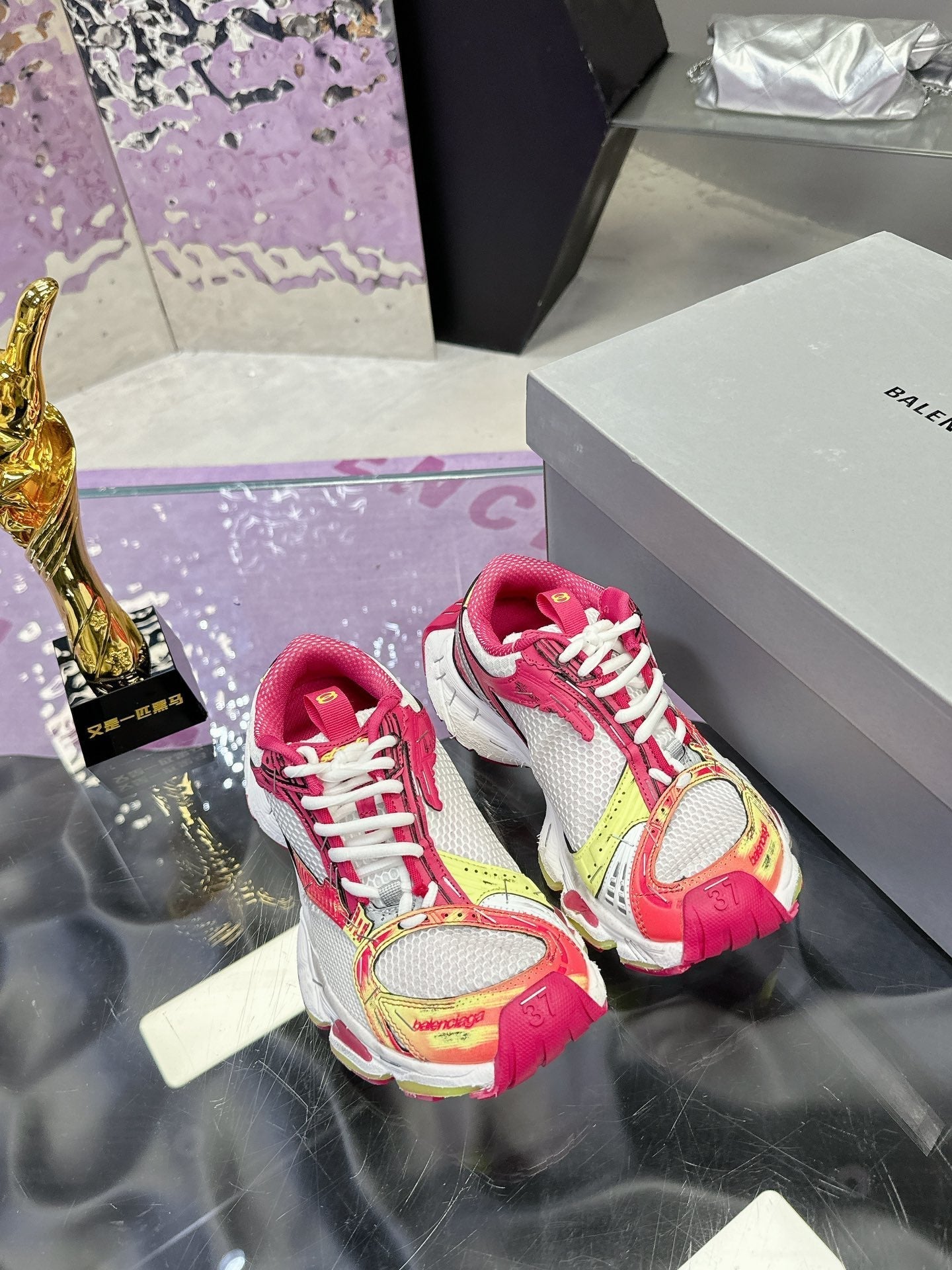 STAPLER SNEAKER IN WHITE, PINK, NEON YELLOW AND SILVER POLYURETHANE AND POLYESTER - 35