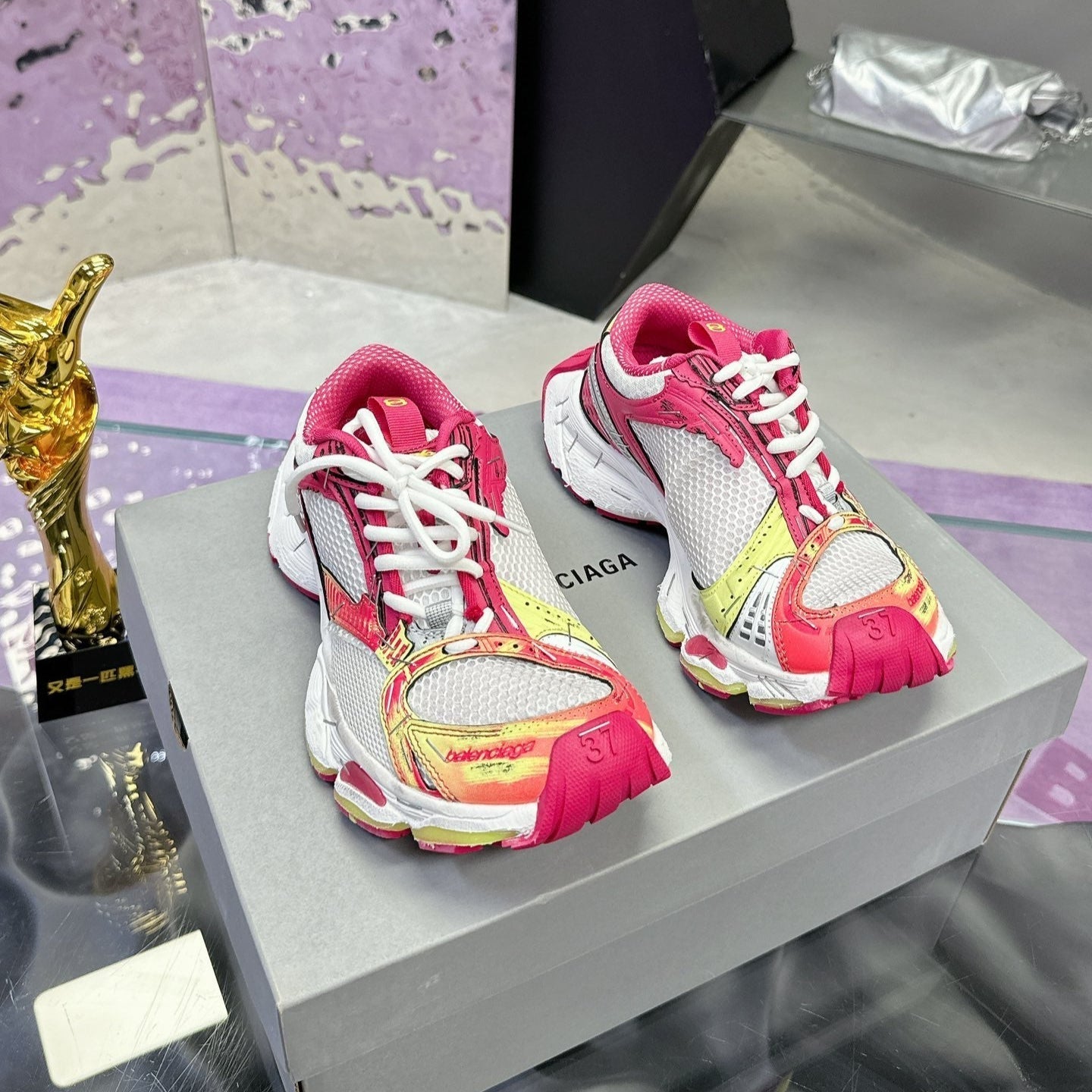STAPLER SNEAKER IN WHITE, PINK, NEON YELLOW AND SILVER POLYURETHANE AND POLYESTER - 35