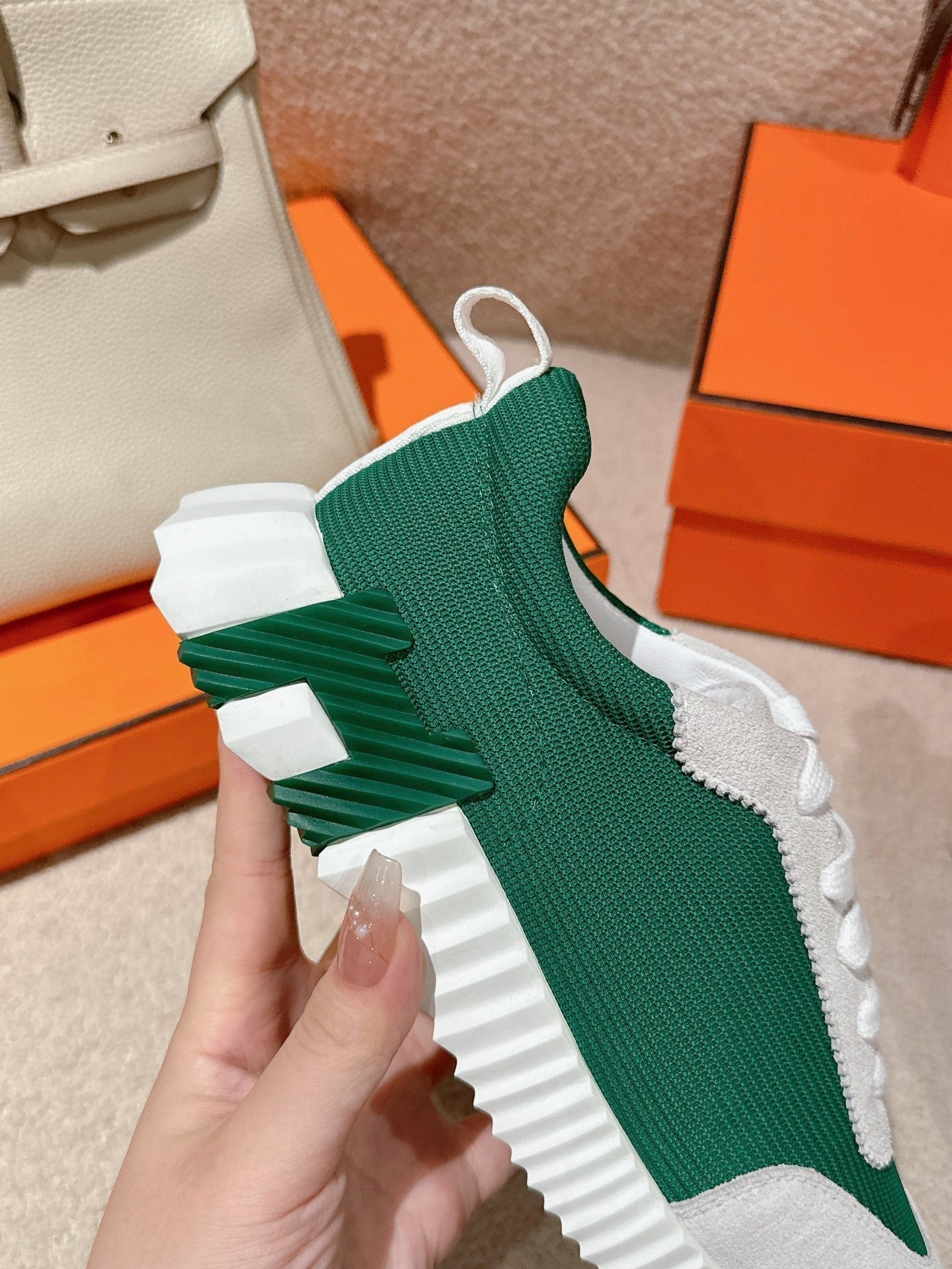 MAINLAND SNEAKER IN PALE GRAY SUEDE AND FOREST GREEN BREATHABLE MESH FABRIC - 35