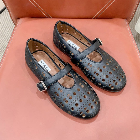 ALAIA HOLLOW BALLET FLAT IN BLACK LAMBSKIN - 35