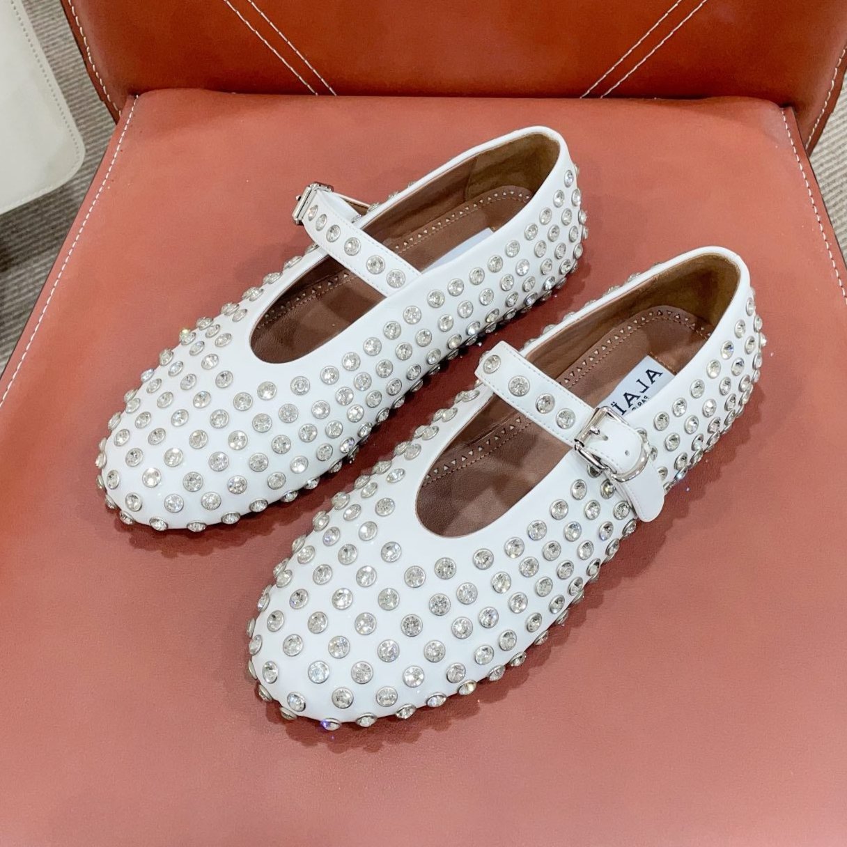 ALAIA MARY JANE SHOES IN WHITE LAMBKIN ATTACH RHINSTONES - 35