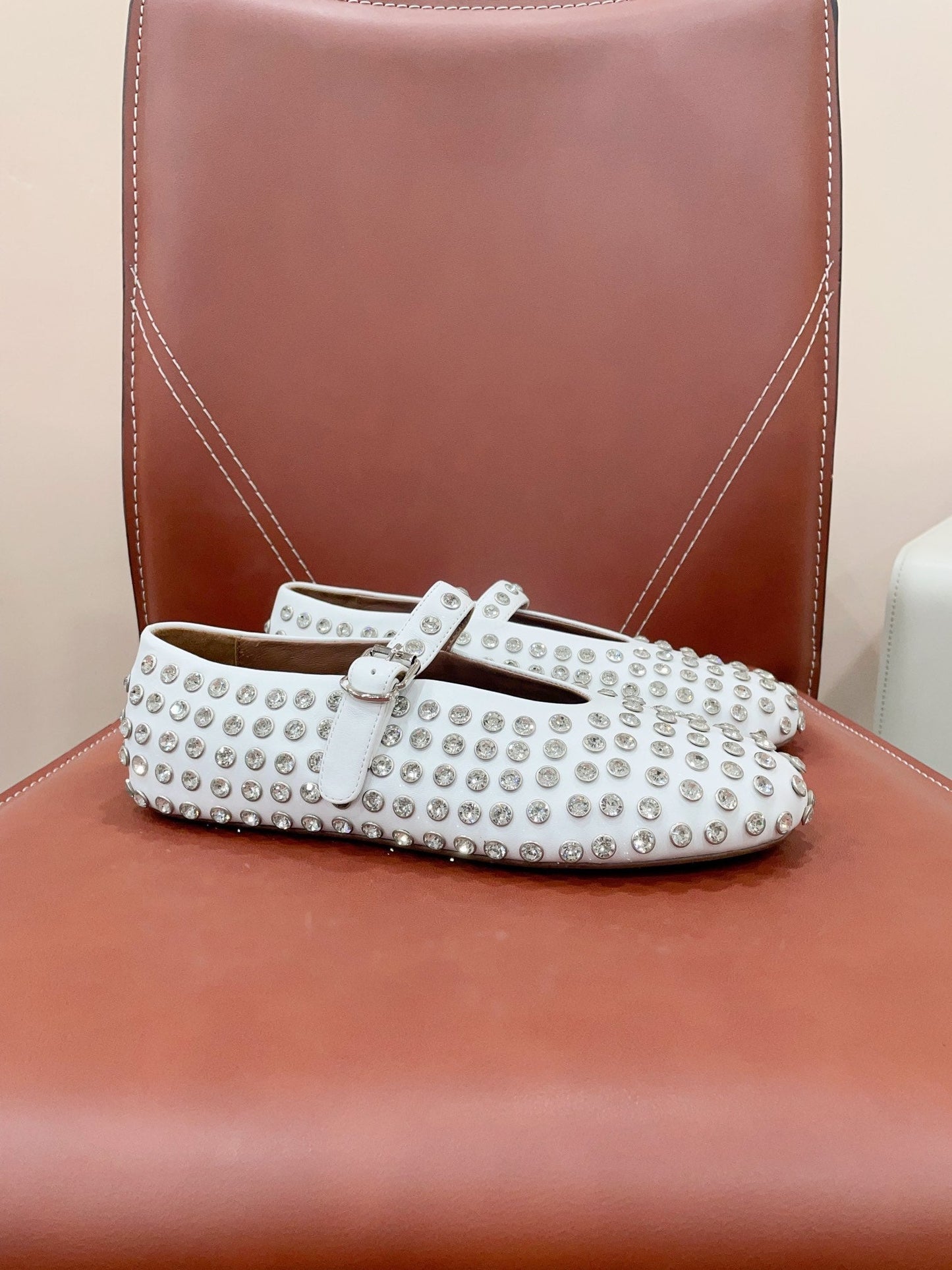 ALAIA MARY JANE SHOES IN WHITE LAMBKIN ATTACH RHINSTONES - 35