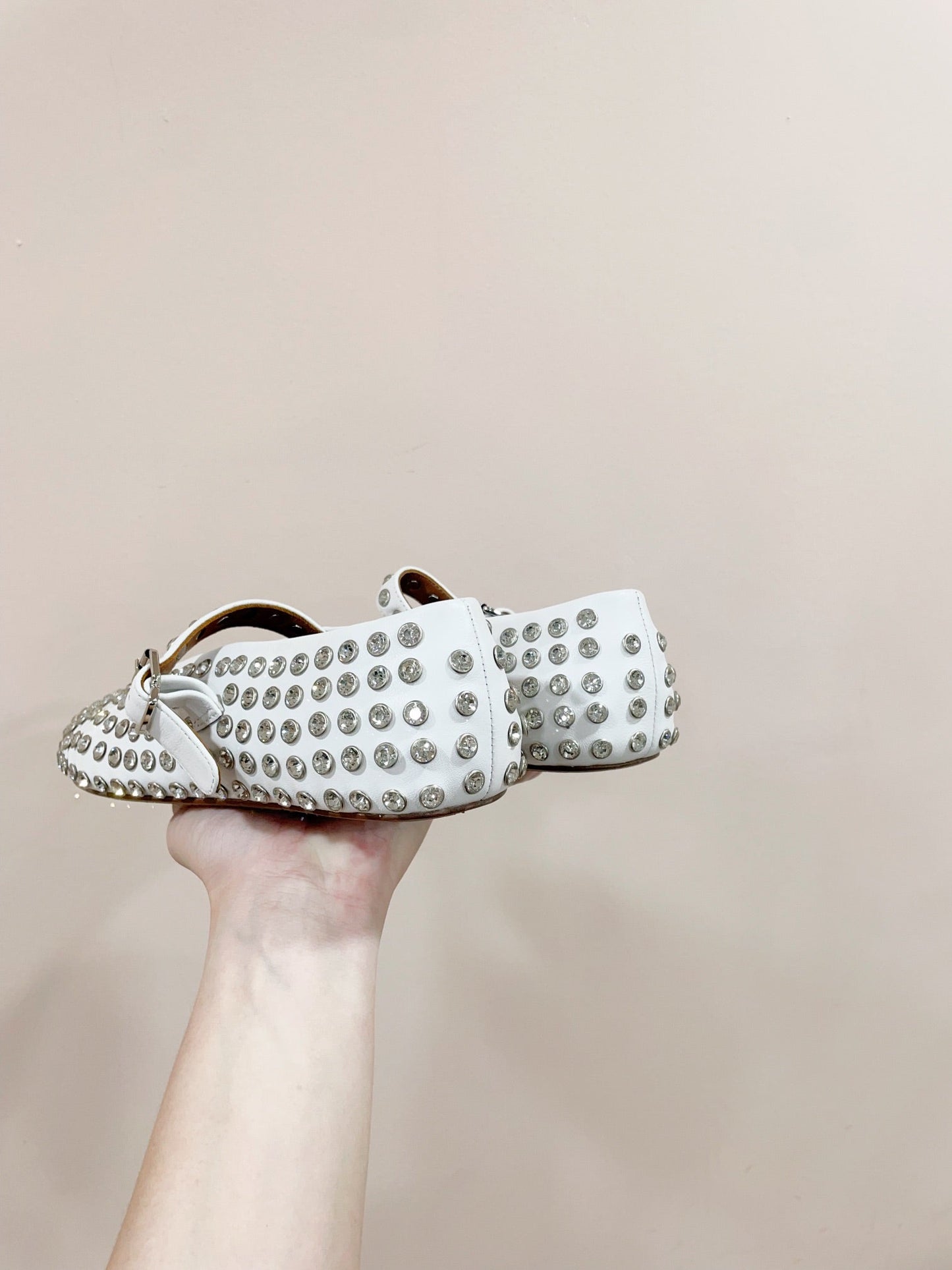 ALAIA MARY JANE SHOES IN WHITE LAMBKIN ATTACH RHINSTONES - 35