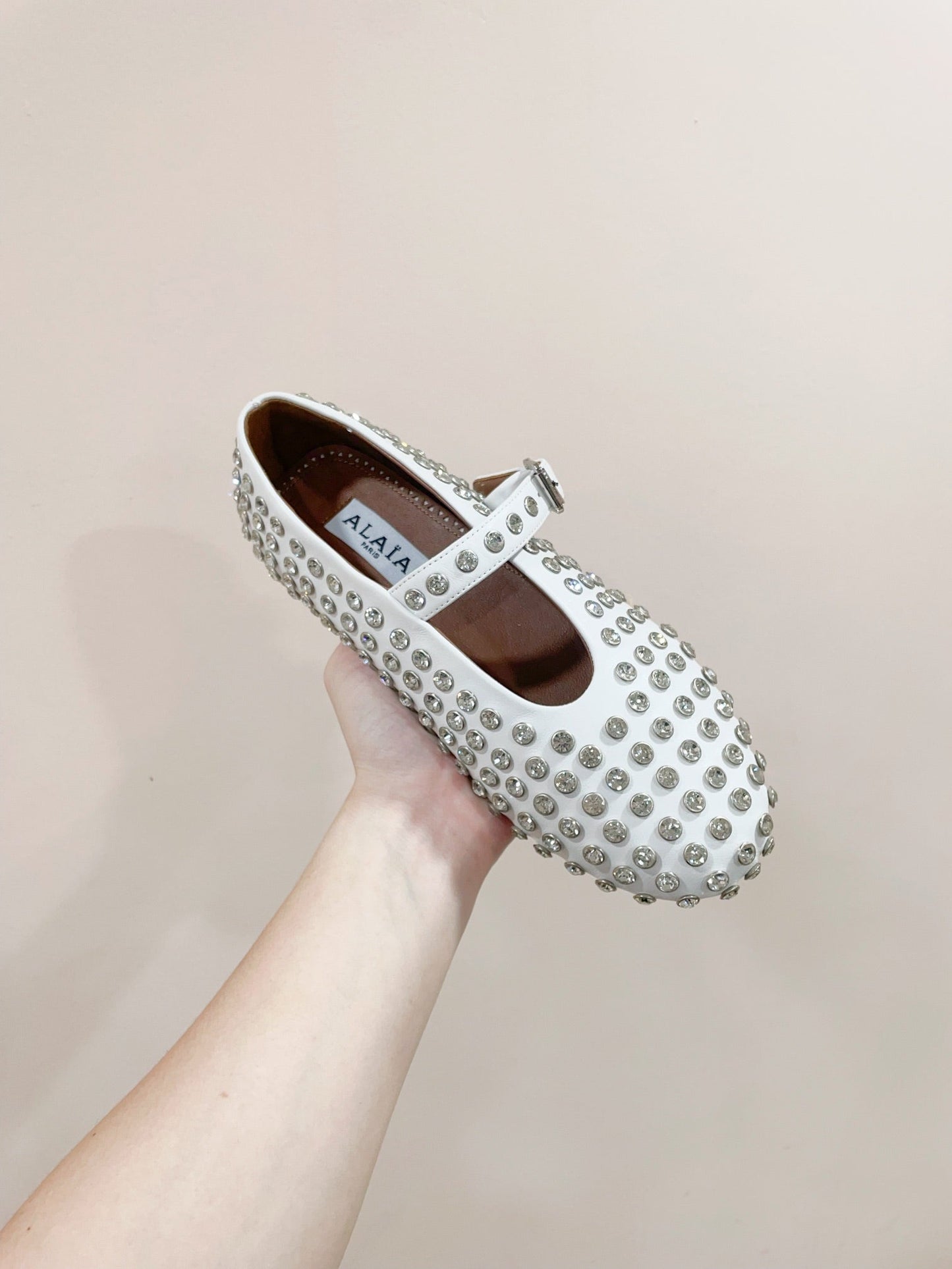 ALAIA MARY JANE SHOES IN WHITE LAMBKIN ATTACH RHINSTONES - 35