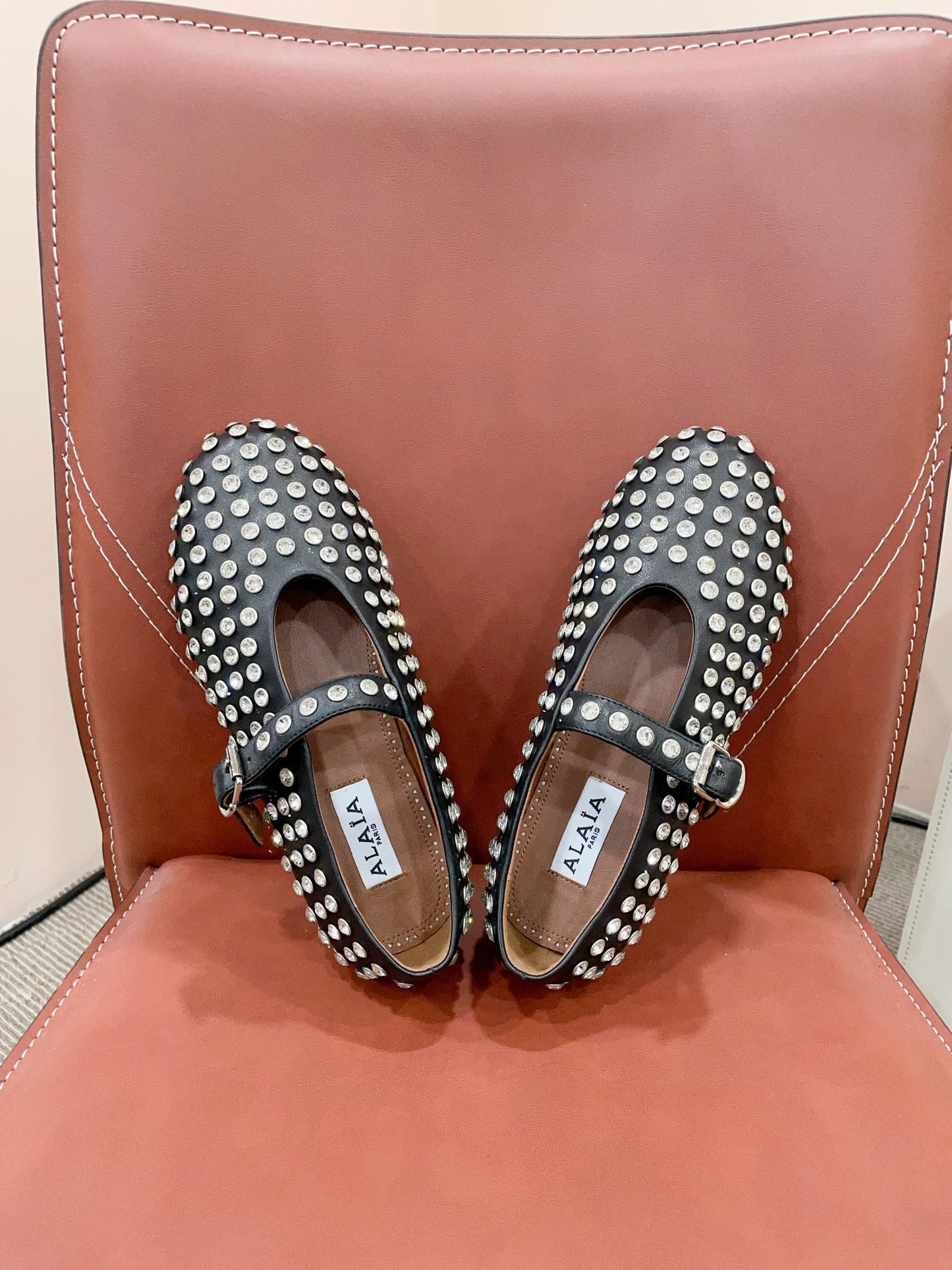 ALAIA MARY JANE SHOES IN BLACK LAMBKIN ATTACH RHINSTONES - 35