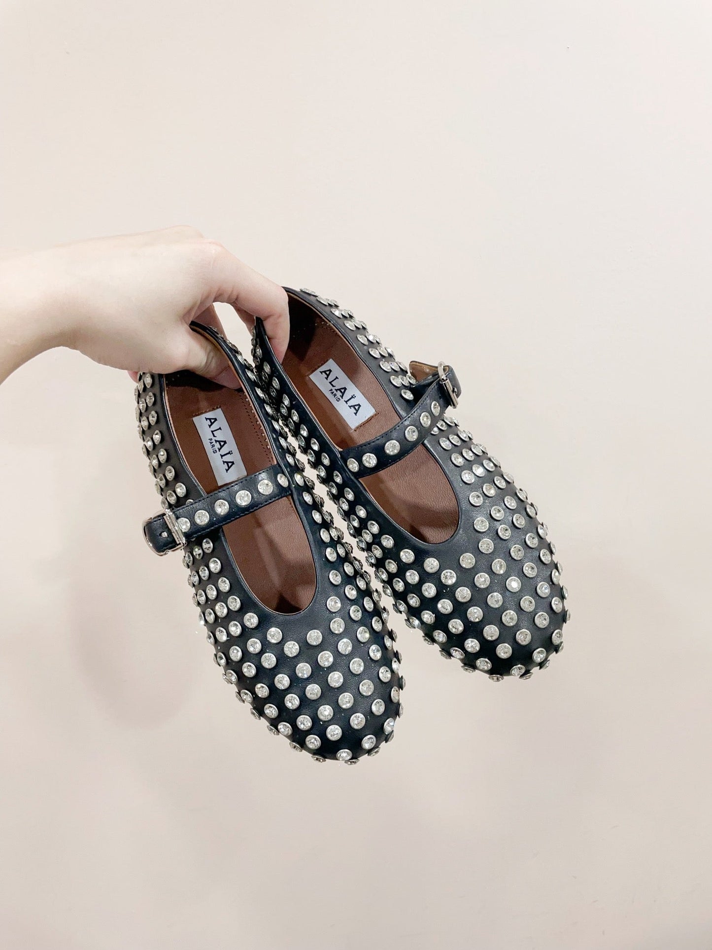 ALAIA MARY JANE SHOES IN BLACK LAMBKIN ATTACH RHINSTONES - 35