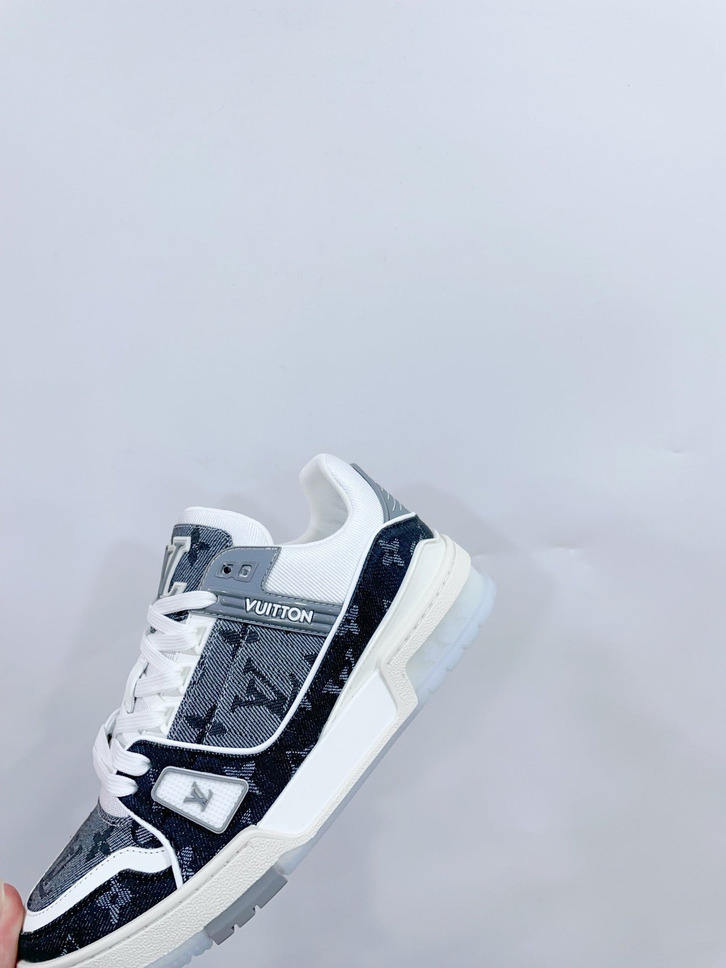 LV TRAINER SNEAKER IN DOVE GRAY MONOGRAM DENIM - 35