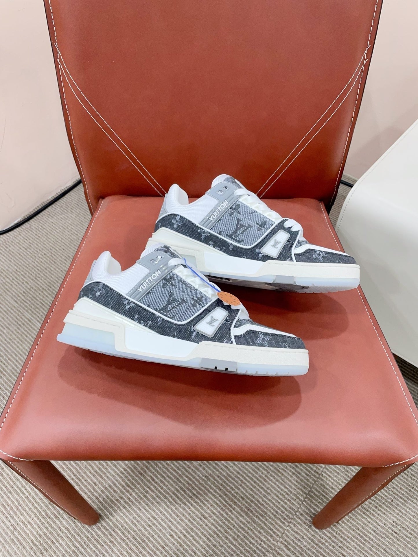 LV TRAINER SNEAKER IN DOVE GRAY MONOGRAM DENIM - 35