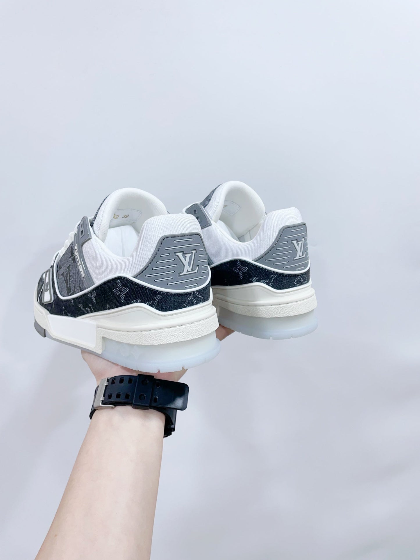 LV TRAINER SNEAKER IN DOVE GRAY MONOGRAM DENIM - 35