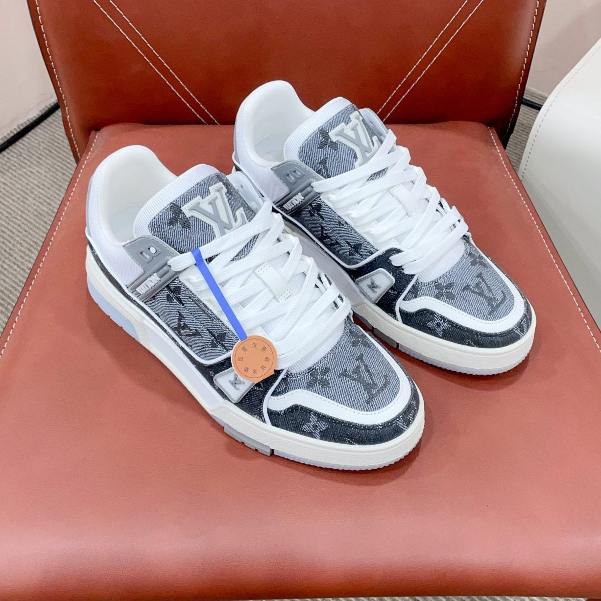 LV TRAINER SNEAKER IN DOVE GRAY MONOGRAM DENIM - 35