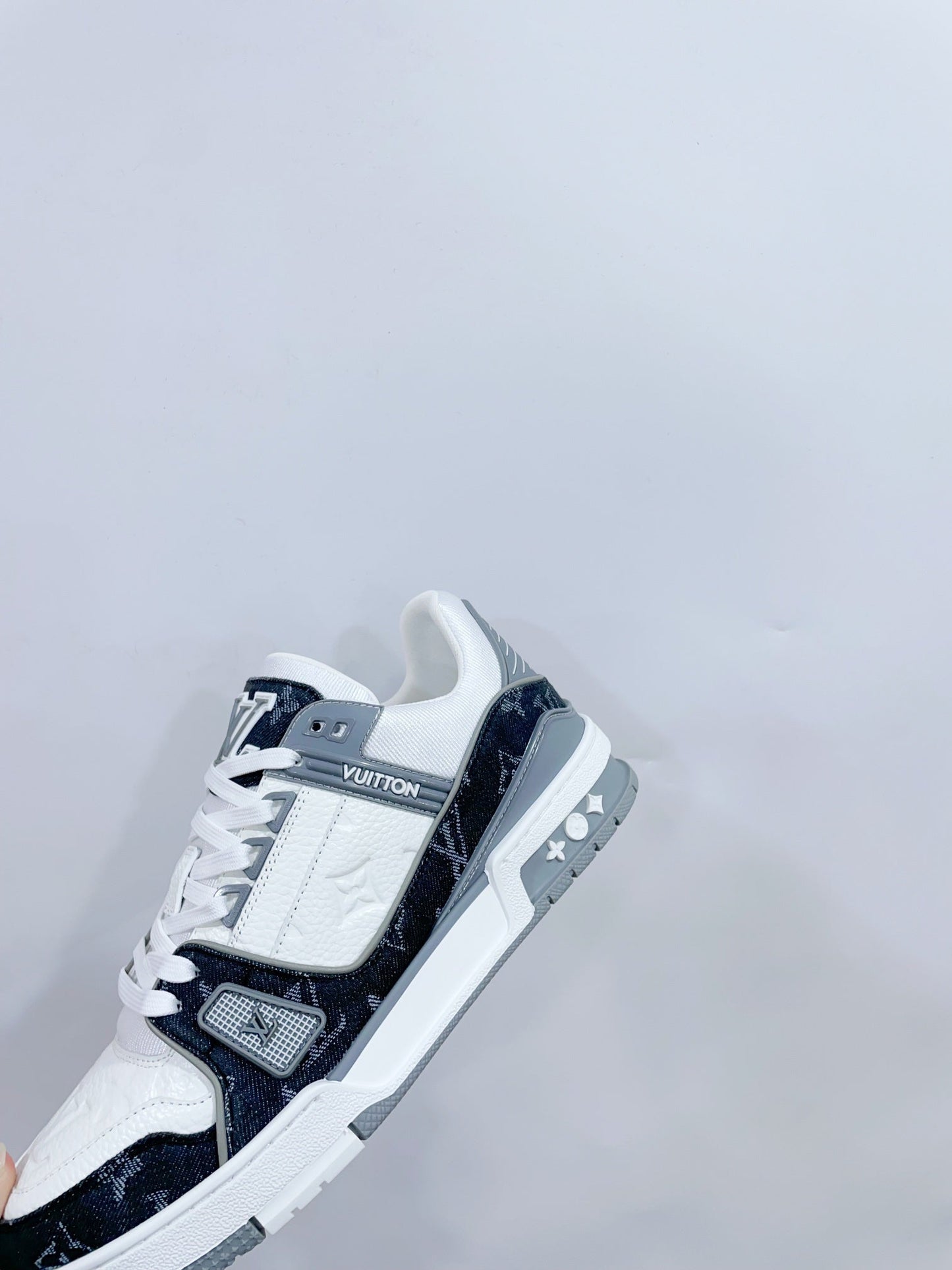 LV TRAINER SNEAKER IN WHITE CALFSKIN AND BLACK MONOGRAM DENIM - 35