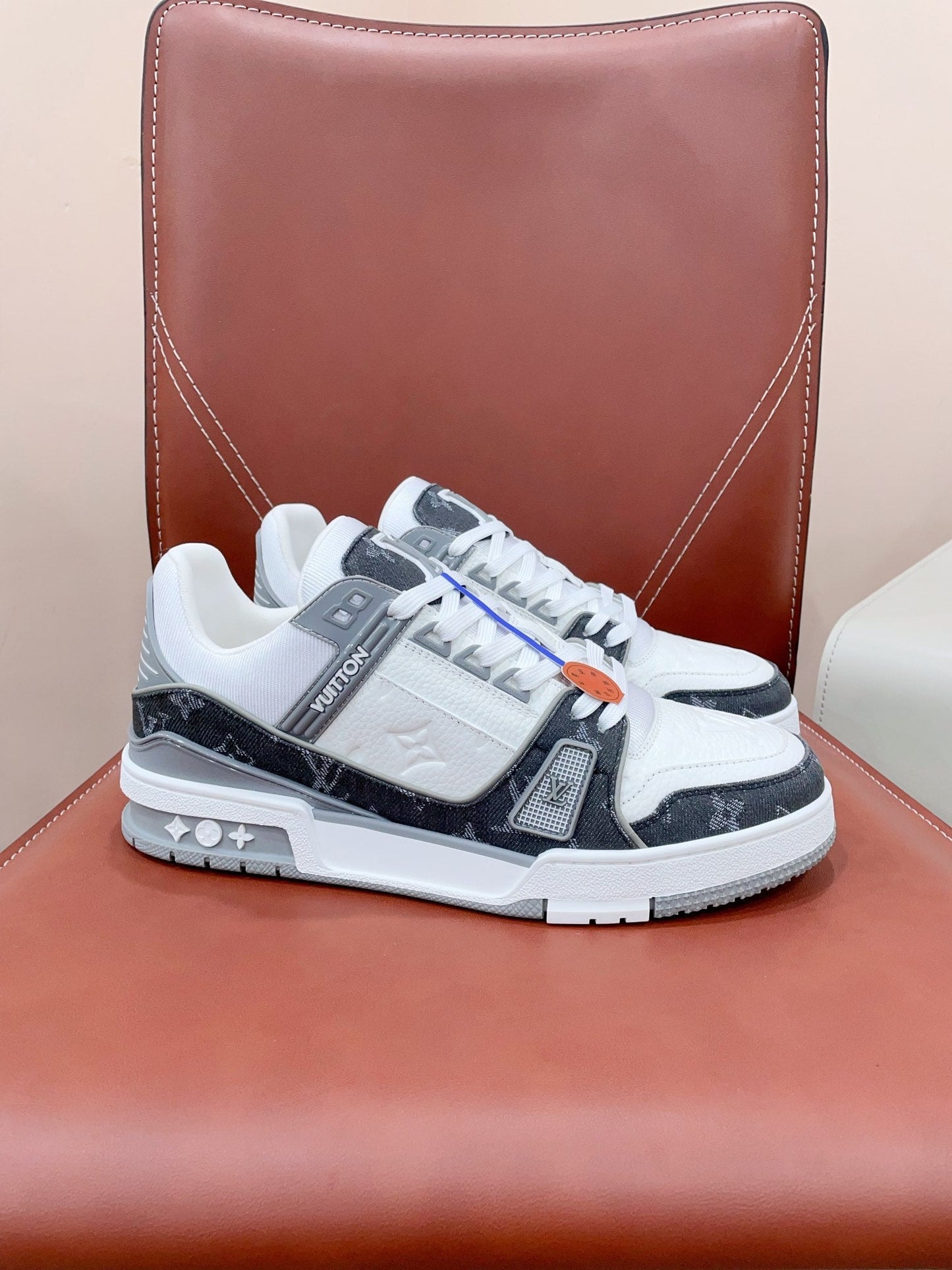 LV TRAINER SNEAKER IN WHITE CALFSKIN AND BLACK MONOGRAM DENIM - 35