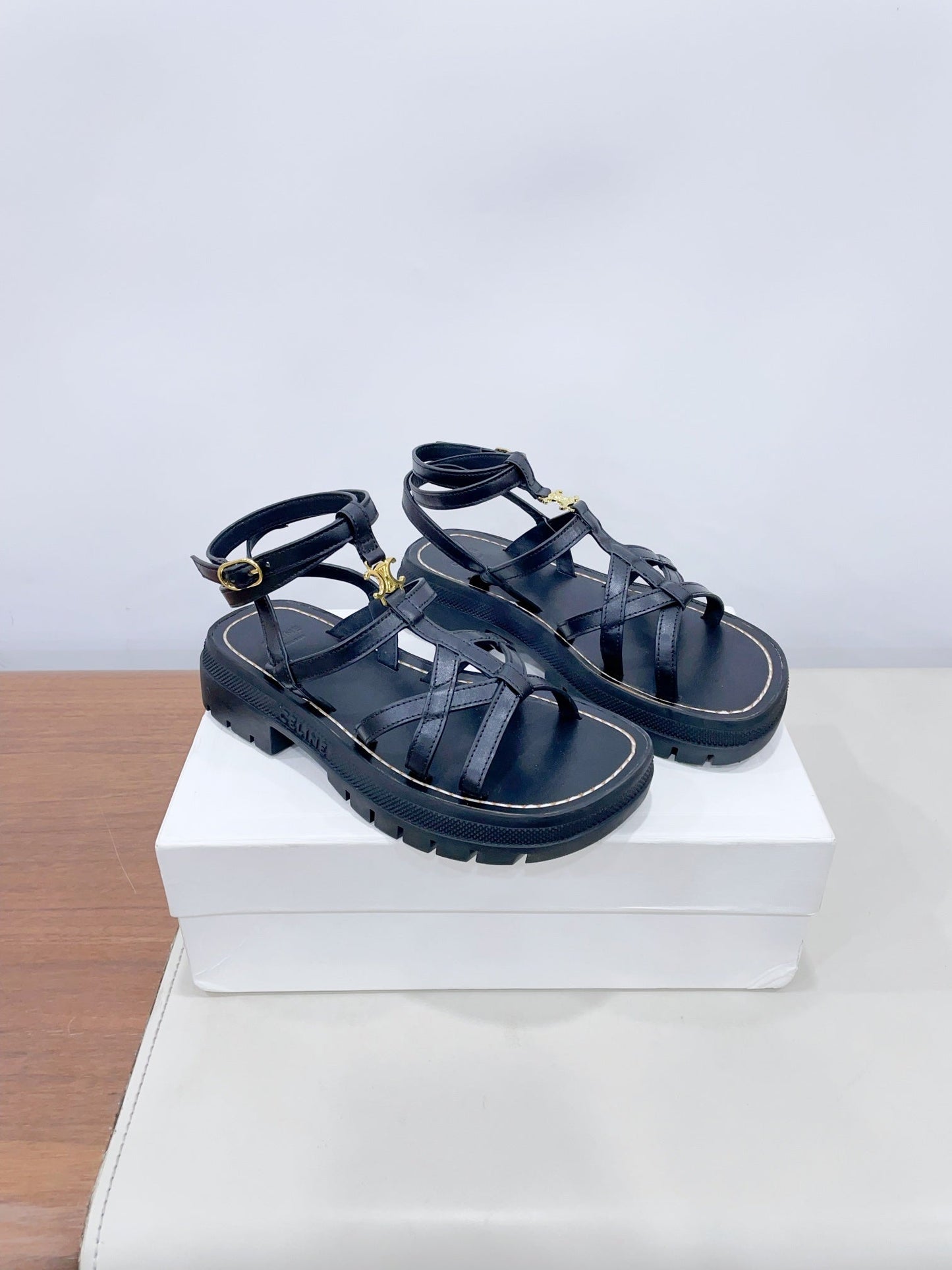 CLEA TRIOMPHE STRAPPY SANDAL IN BLACK CALFSKIN - 35