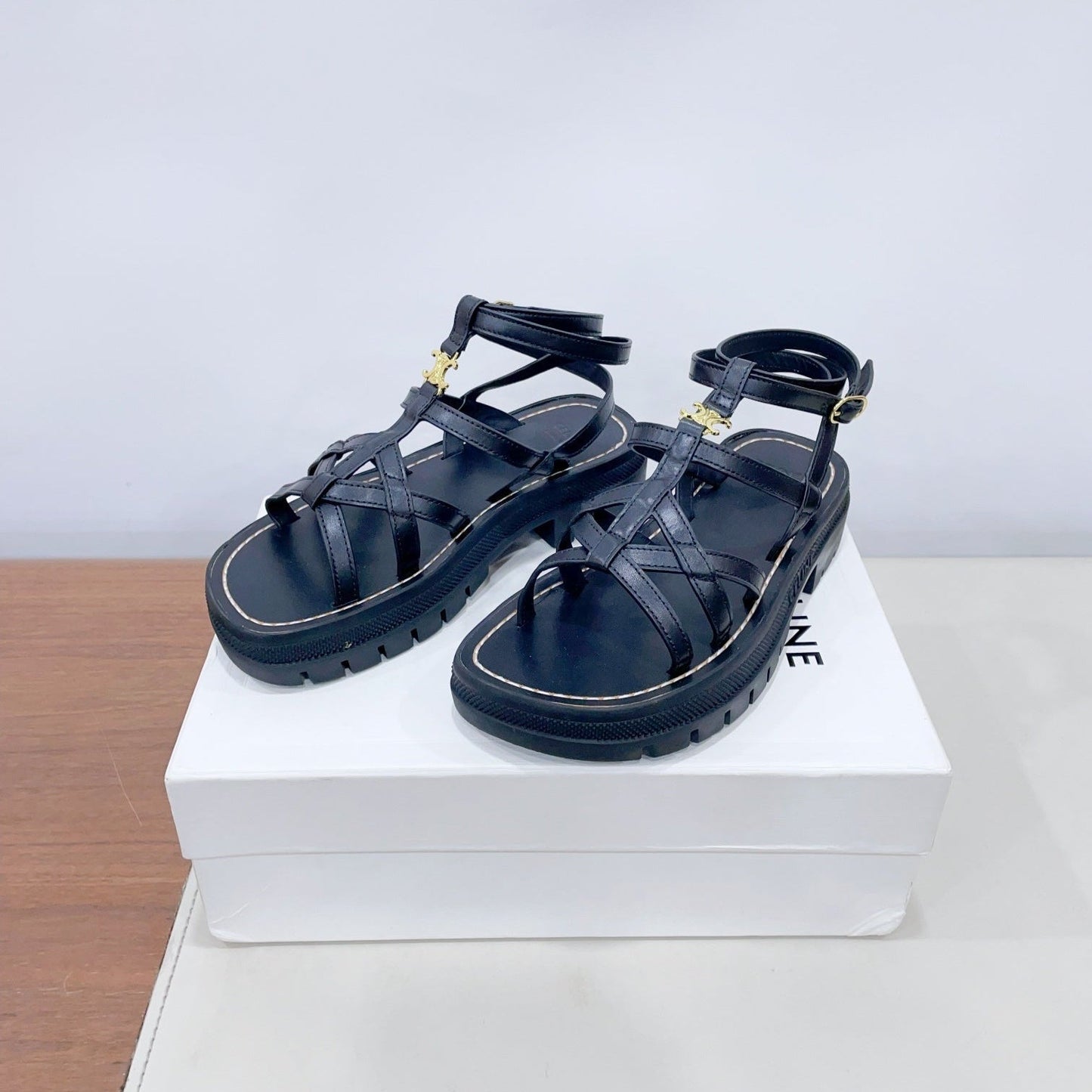 CLEA TRIOMPHE STRAPPY SANDAL IN BLACK CALFSKIN - 35